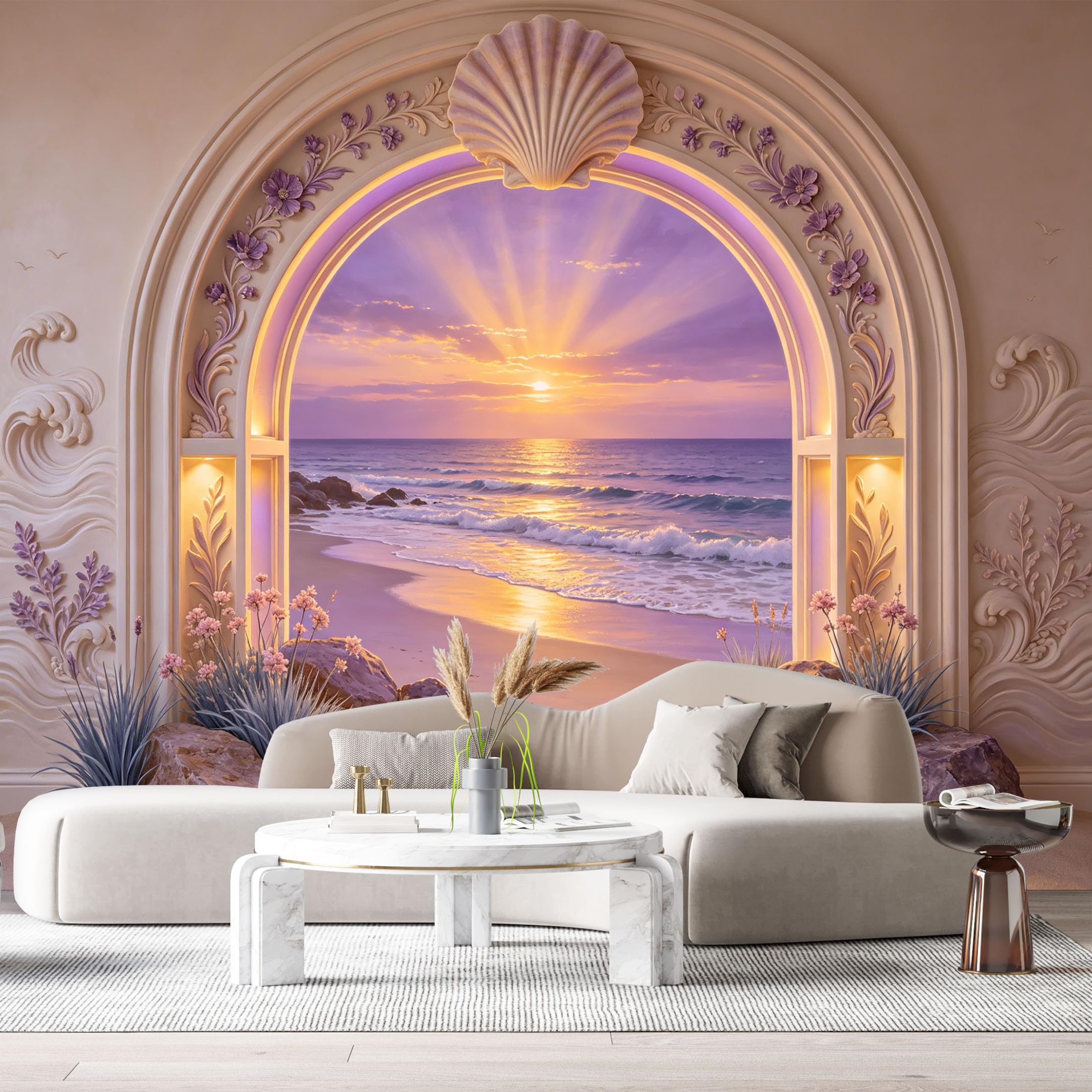 Custom Size Wall Murals Coastal Sunset Ocean Archway Oil Painting 3D Trompe L'Oeil SelfAdhesiveWall Fabric Removable Wallpaper Wall Decor for Living Room Bedroom Bathroom