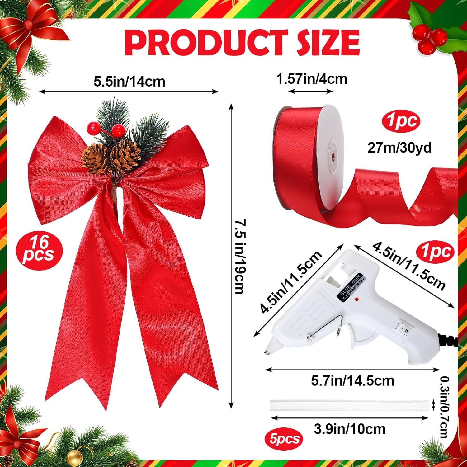 23 Pcs Christmas Cabinet Bows with Pine Cone Decor for Kitchen 16 Large Christmas Cabinet Door Bows Cone 1 Roll Red Silk Ribbon 1 Hot Melt Glue Set Xmas Decoration for Holiday Party Supplies
