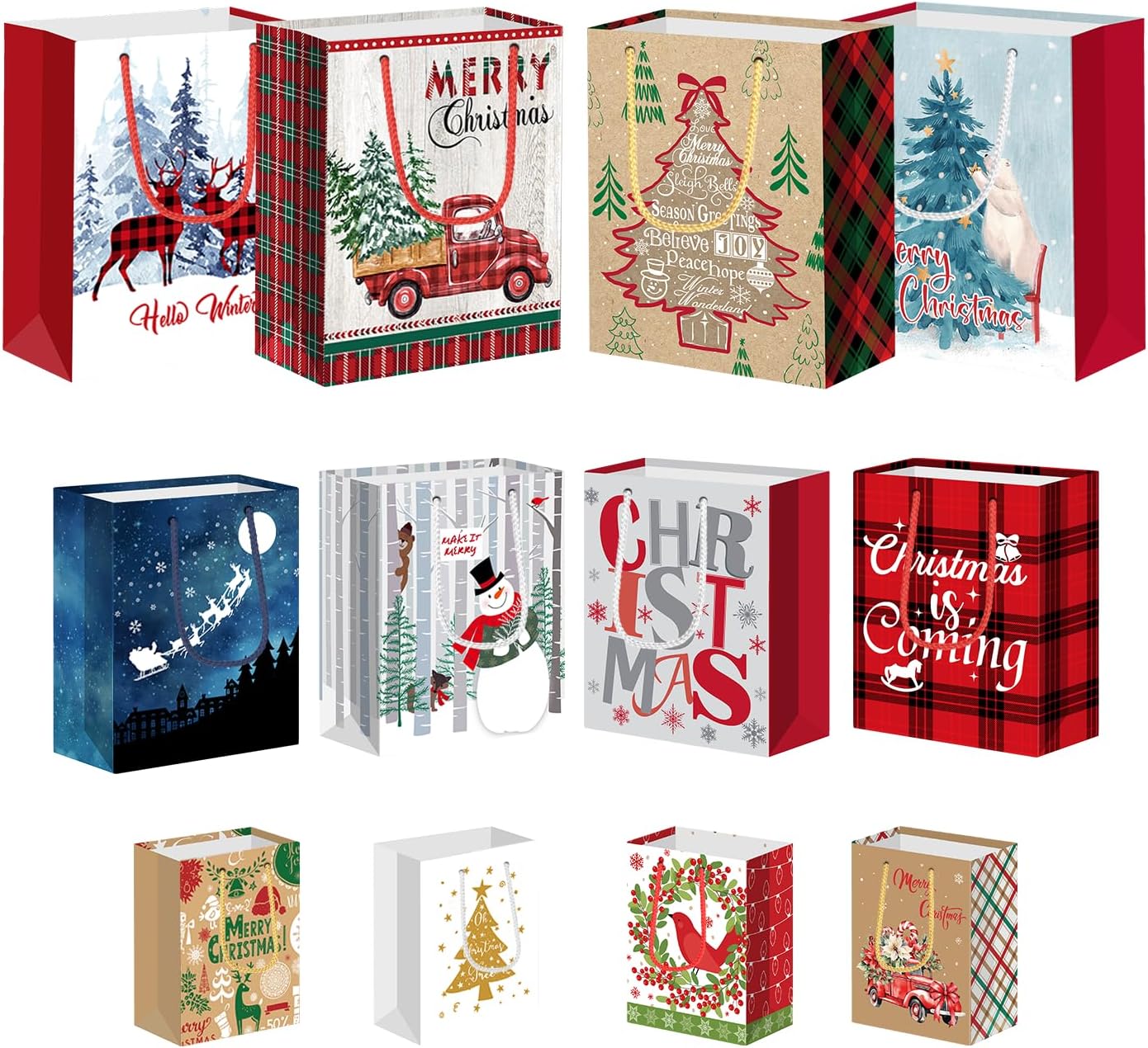 12Pack Christmas Gift Bags Assorted Sizes, 4 Large,4 Medium