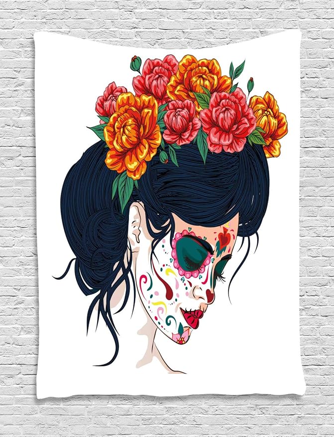 Ambesonne Day of the Dead Tapestry, Girl with Sugar Skull Makeup and Floral Wreath Cartoon Graphic, Wall Hanging for Bedroom Living Room Dorm Decor, 40