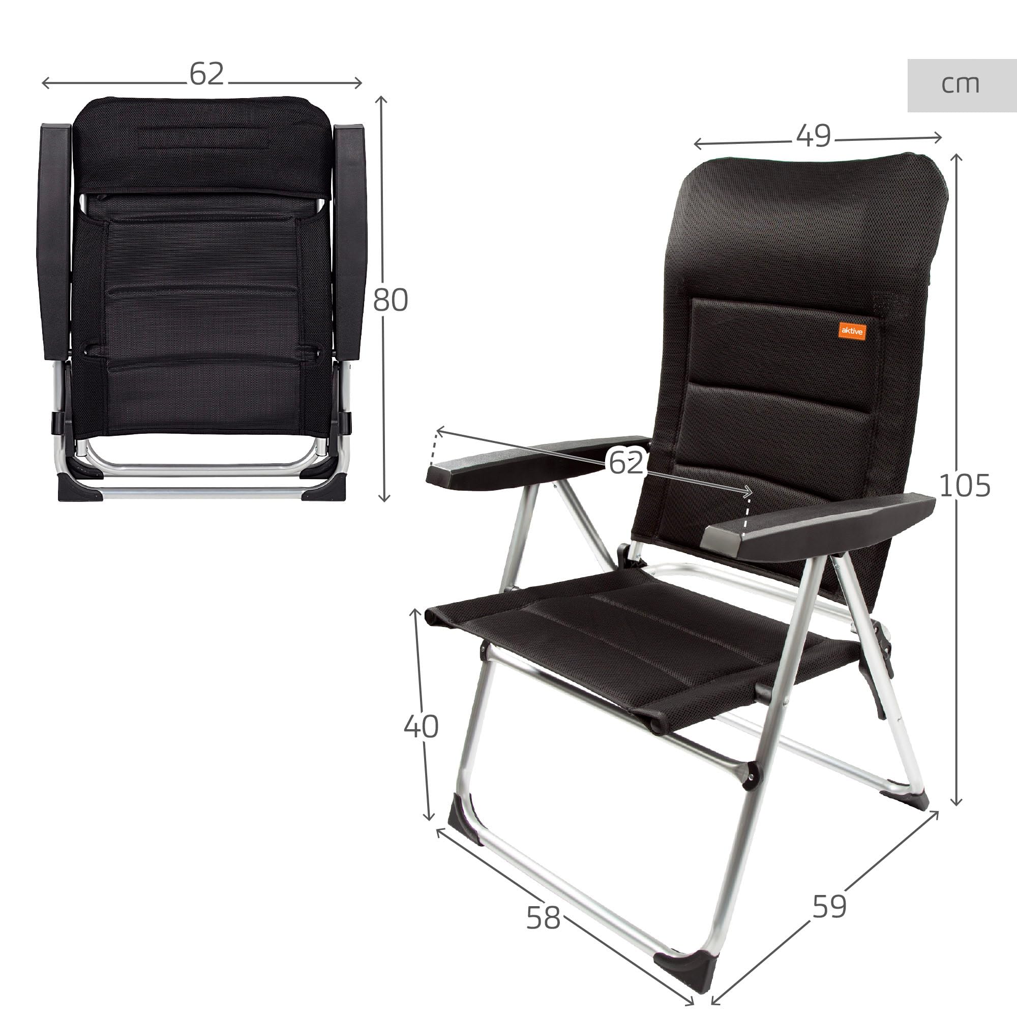 AKTIVE Sedia pieghevole imbottita di alta qualità, Nero, Per terrazza, balcone, patio o giardino, Misure 49x59x105 cm, Materiale alluminio e 100% poliestere, Antiribaltamento
