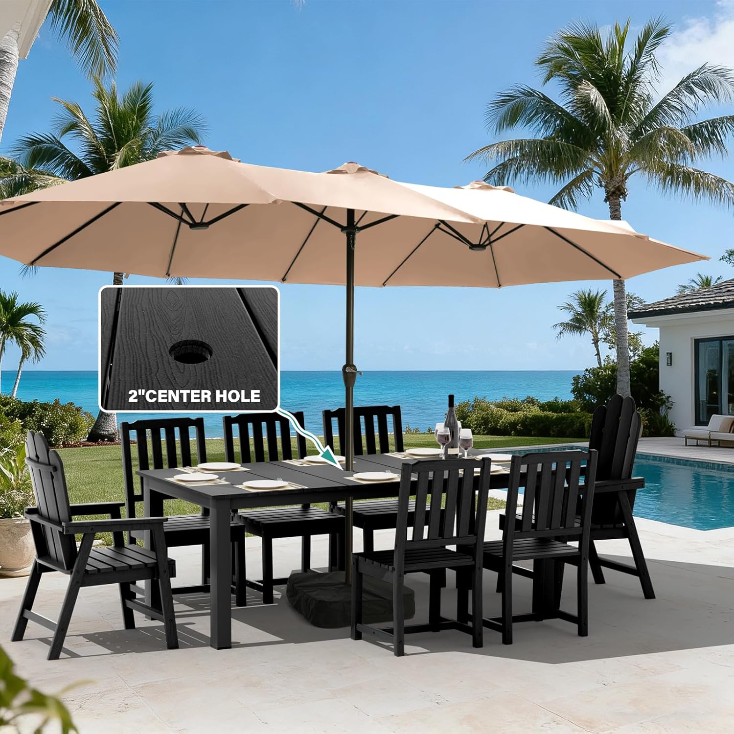 9-Piece Patio Dining Set, Outdoor Dining Set for 8, HDPE All-Weather Outdoor Furniture with 75.20” Umbrella Hole Table, 2 Armchairs & 6 Armless Chairs, Black