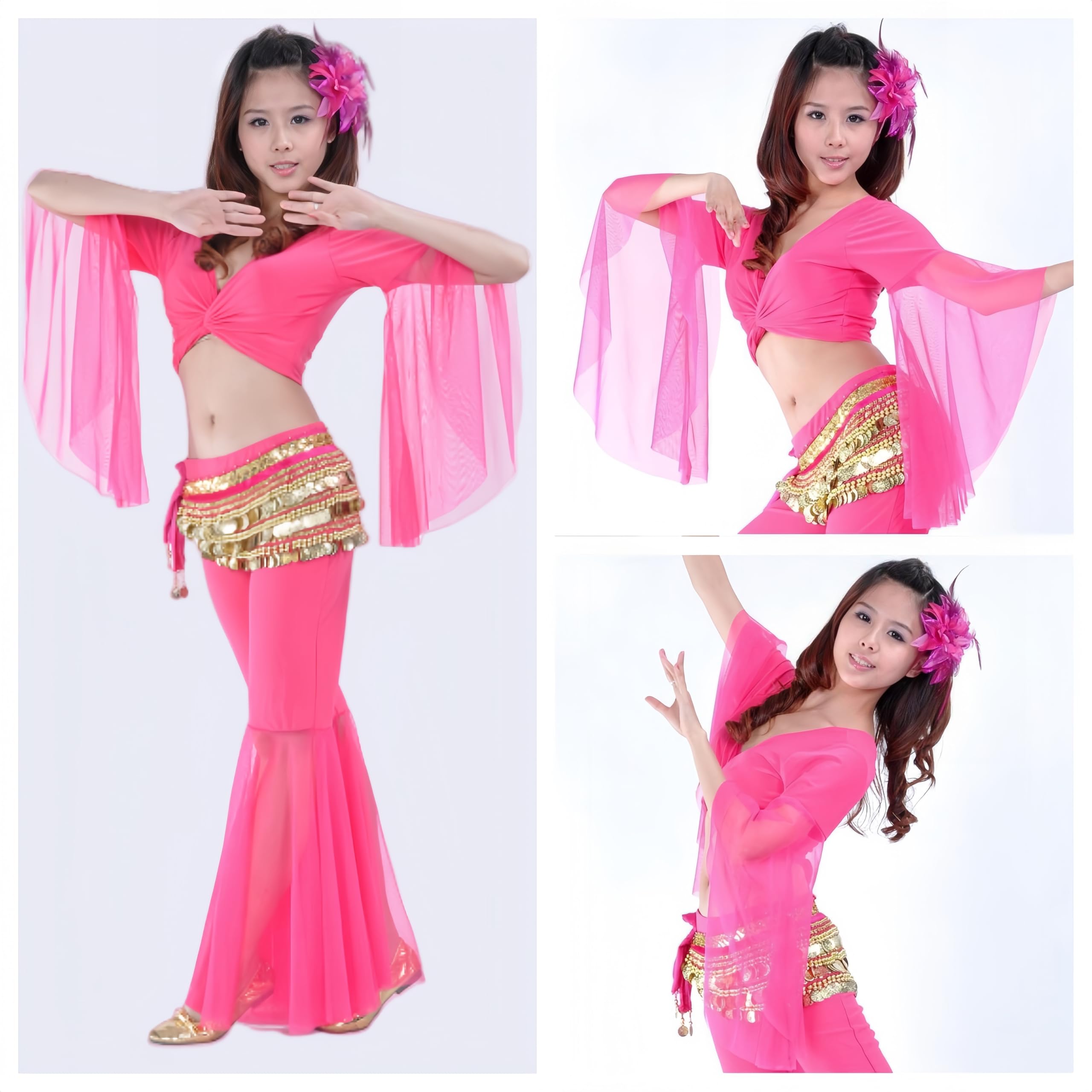 Blusa de baile con mangas acampanadas para mujer, cuello V mangas 3/4 de tul, blusa cruzada para danza del vientre tribal, camisa con cordones blusas borlas for festivales, discotecas ropa de baile