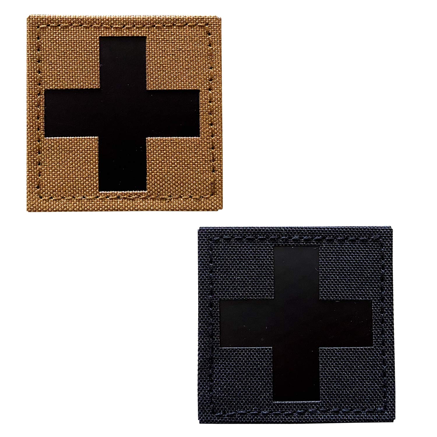 2 Pieces Infrared IR Reflective Medic Cross Multicam MED Medical EMS EMT Tactical Patch Fastener Patch Hook/Loop 2x2 inch (Black+Tan)