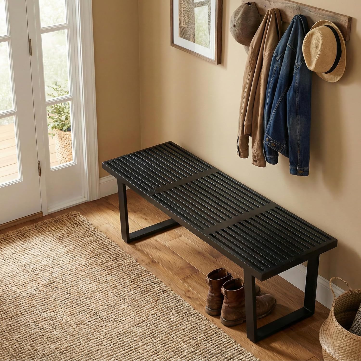 Hyfirm 55" Nelson Slat Wood Bench Entryway Bench, Modern Wood Dining Bench Indoor with Black Metal Legs Skeleton Seat for Entery Way Hallway Bedroom End of Bed, Black