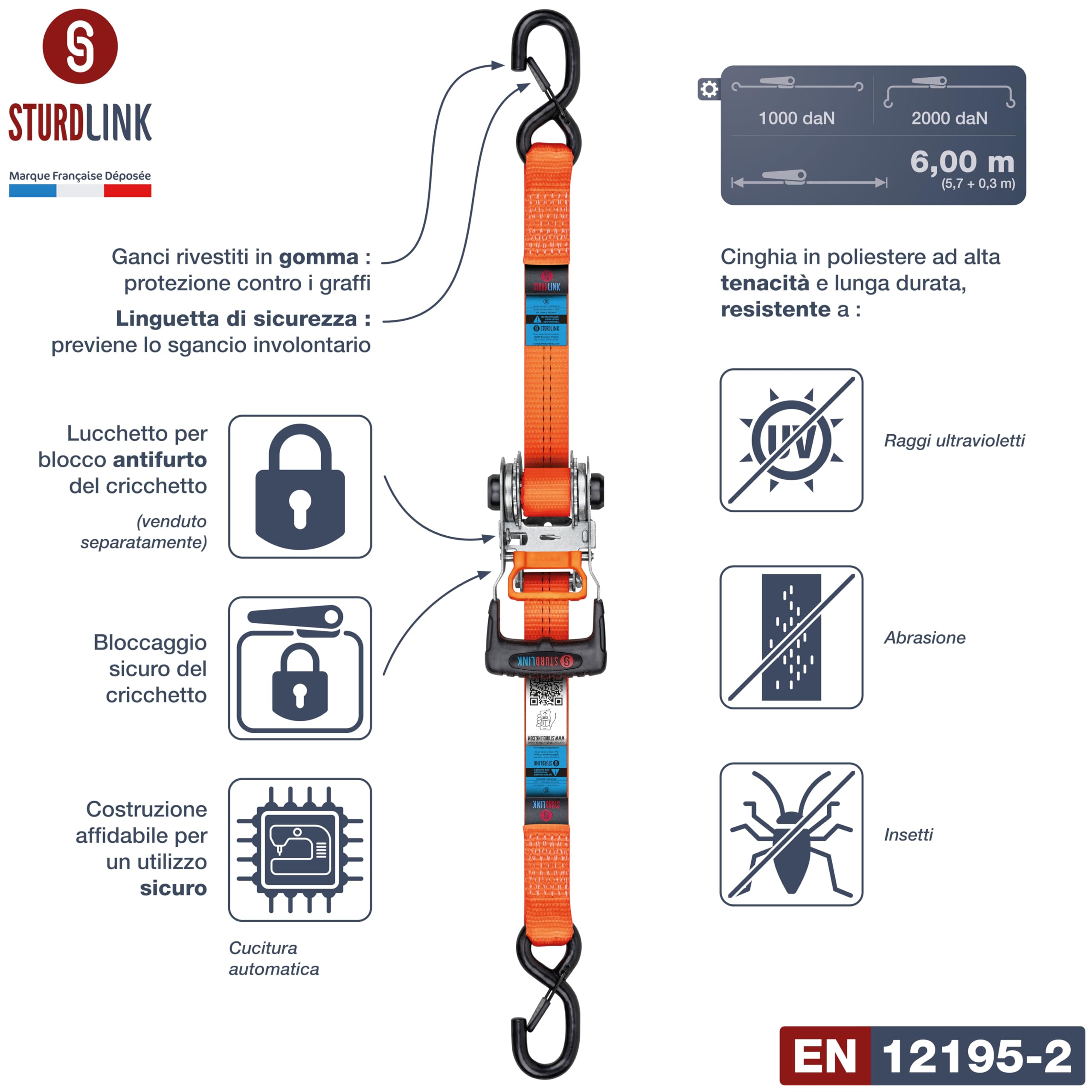 Cinghia a cricchetto 6 m 35 mm con recupero di tensione | Set di 4 cinghie di ancoraggio con ganci S a linguetta, LC 1000daN/2000daN a U + borsa di immagazzinaggio | per rimorchio, furgone, camion