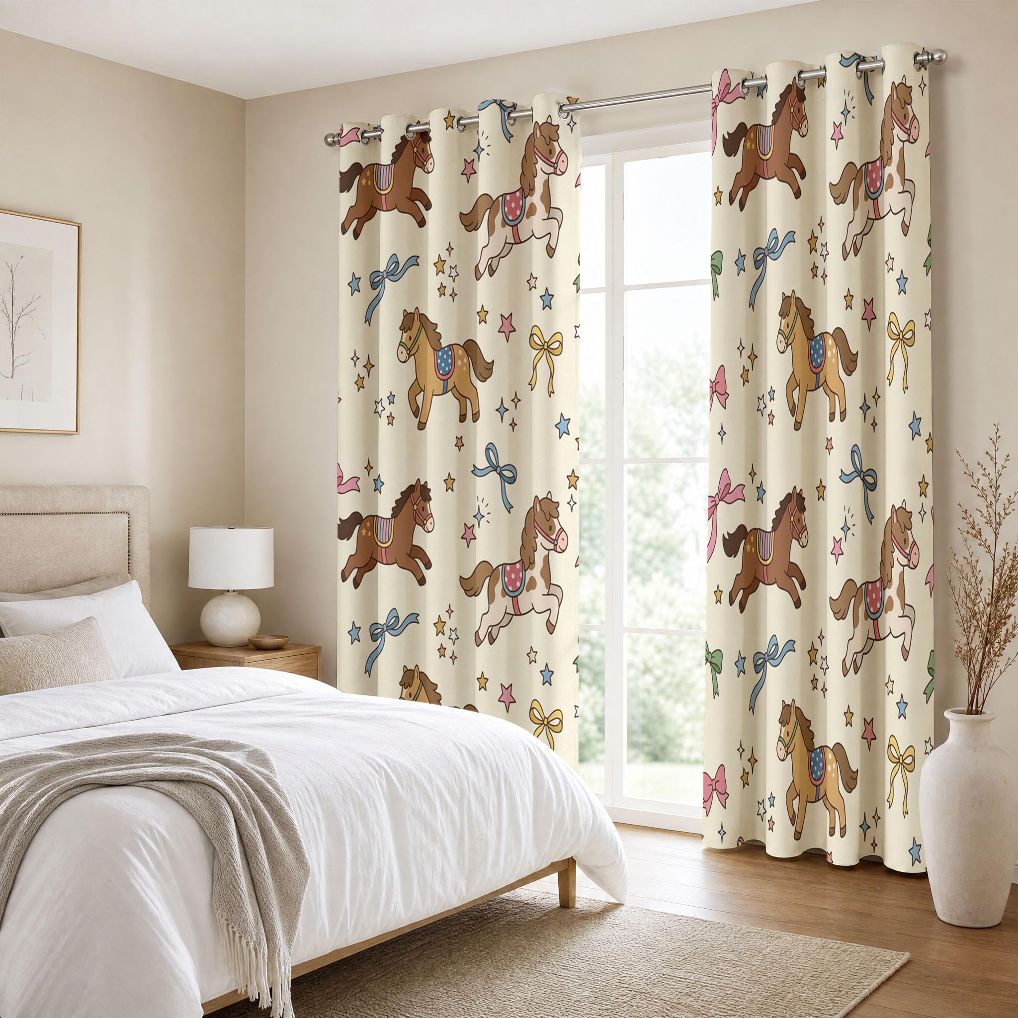 Retro-Mädchenstil Blickdichte Vorhänge mit Ösen 2er Set H160 x B140 cm | Kleines Pony Schleife Thermovorhang, Hitzeschutz, Gardinen Blickdicht, UV-Schutz für Wohnzimmer, Beige