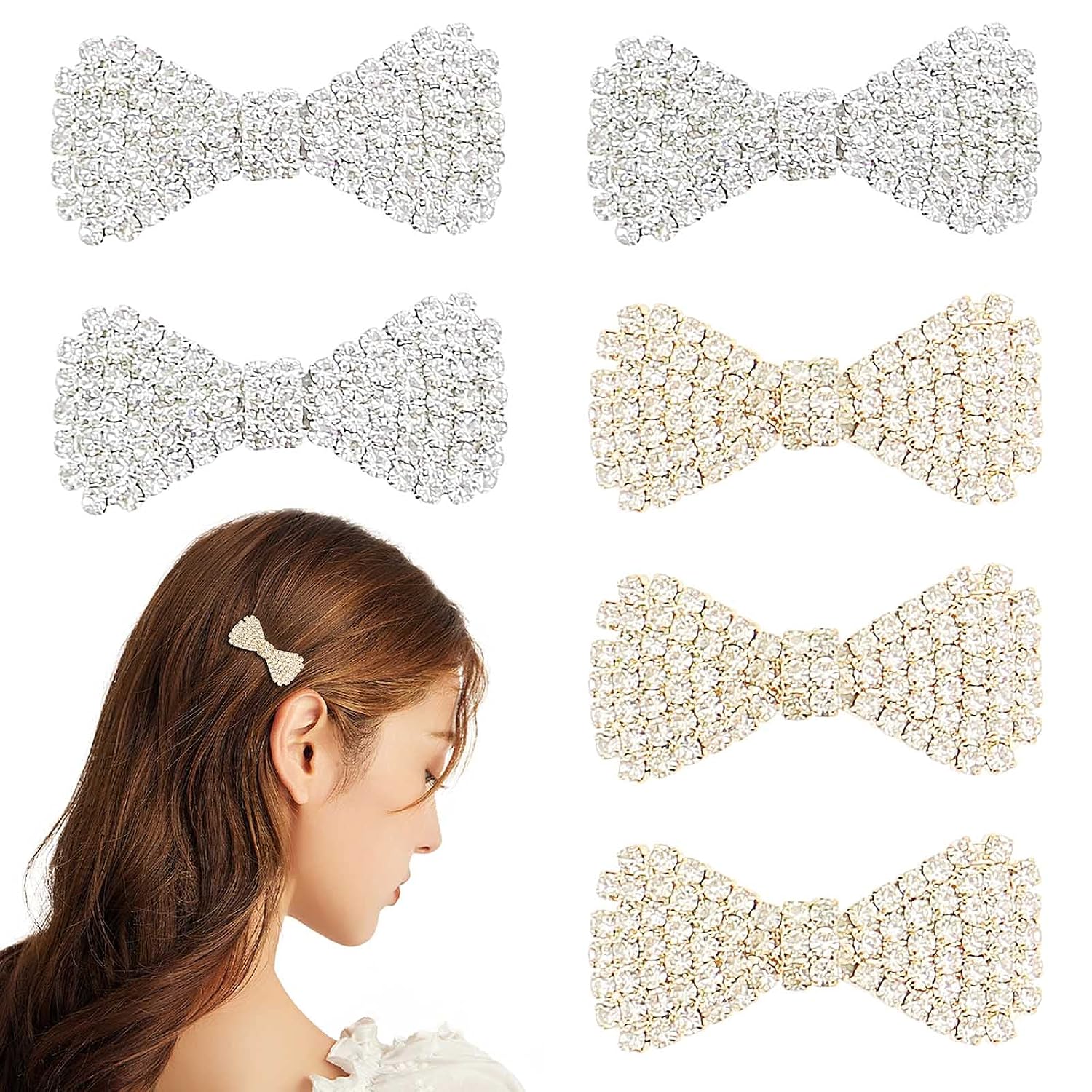 6 Pack Bow Hair Clips - Fashionable Rhinestone Accessories