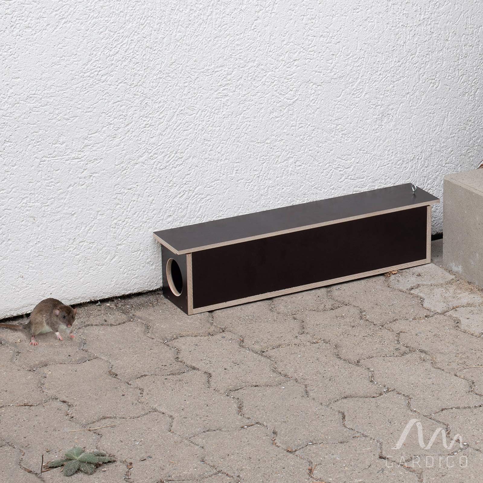 Gardigo Estación de Cebo de Madera, Carnada para Ratas Roedores, Caja Cebadera con 2 Trampas para Ratas, 50 x 10,5 x 14,5 cm, Made in Germany | Seguro para mascotas, longitud 50 cm, placa multiplex