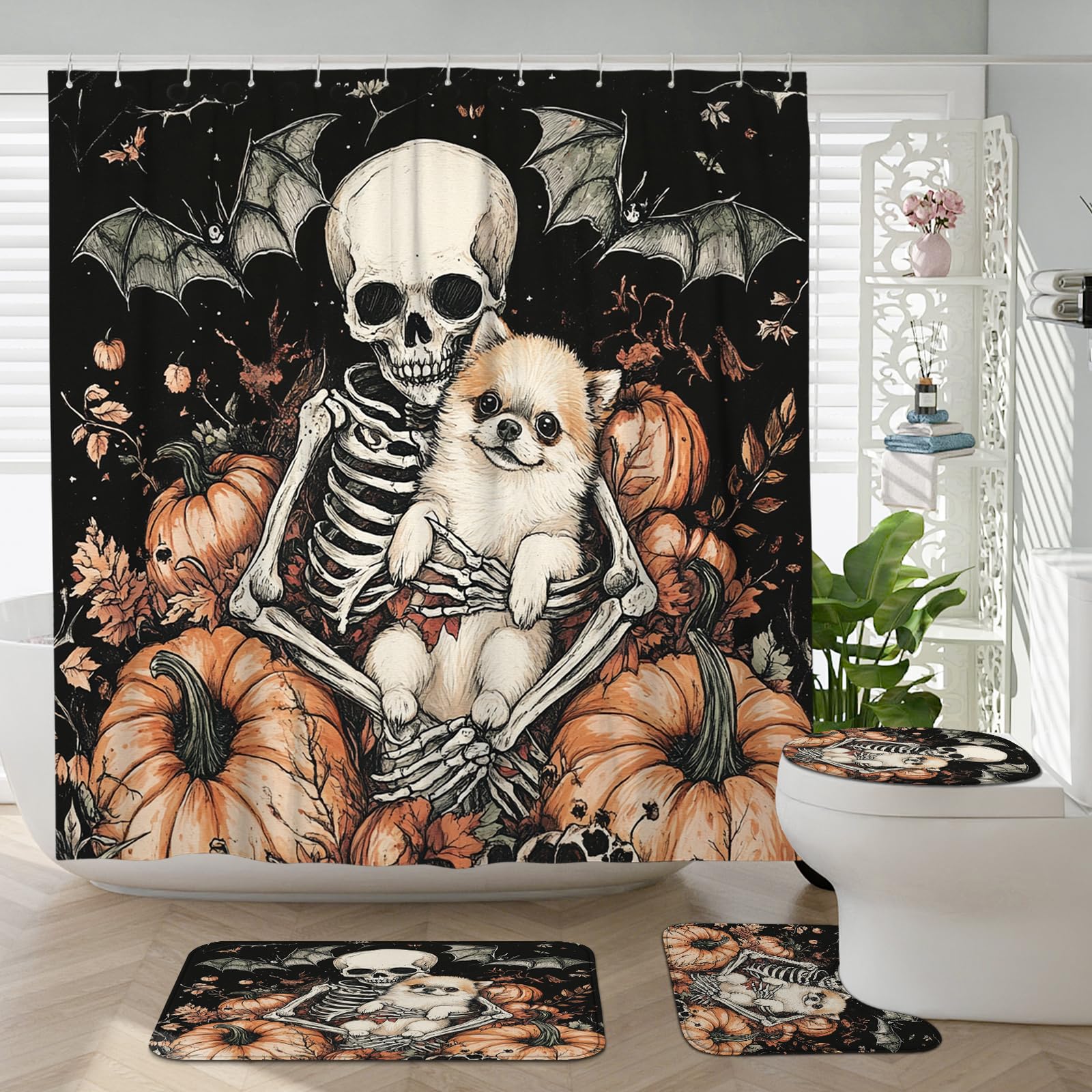 Rideau de douche Halloween pékinois et tapis de bain vintage pour décoration de toilette - Lot de 4