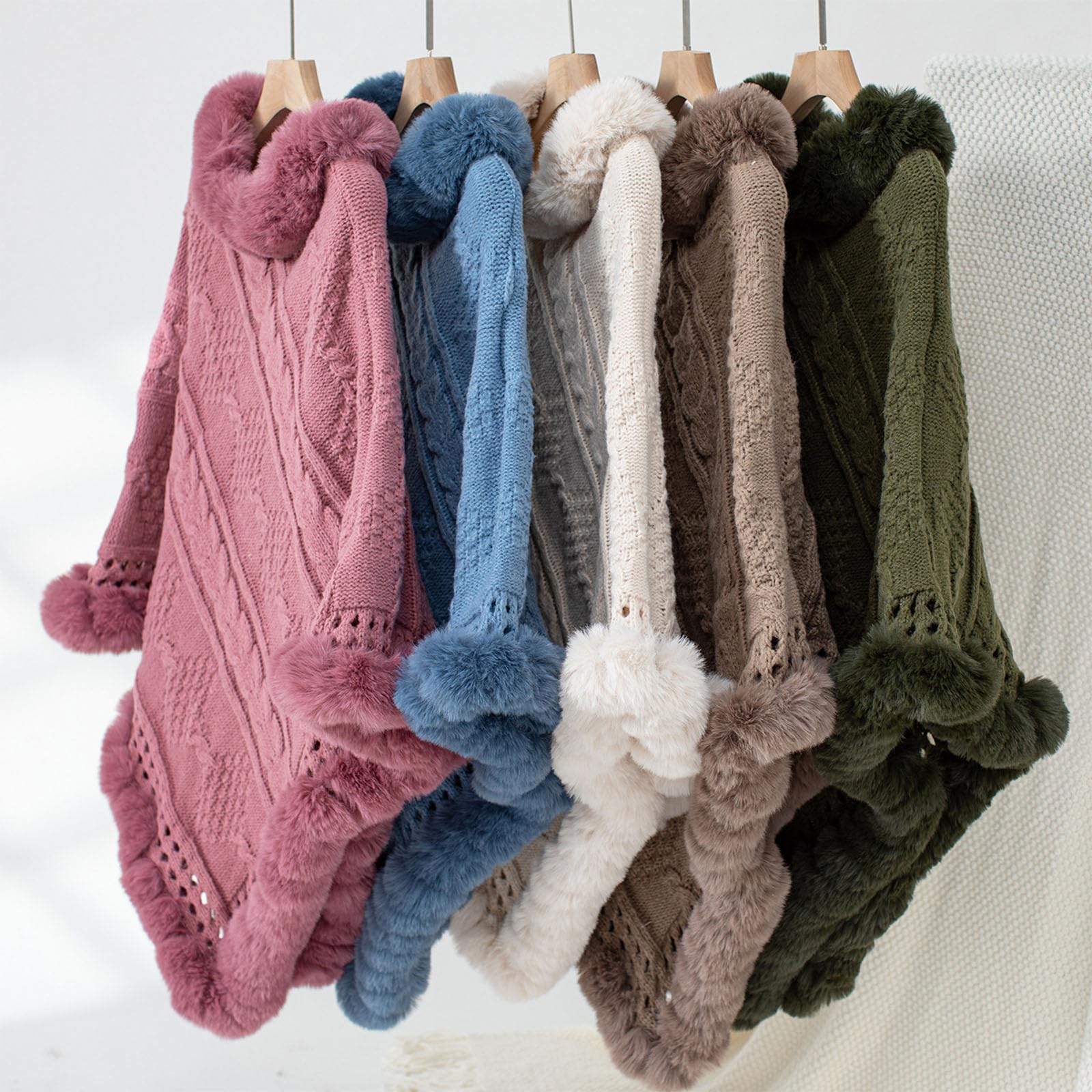 Femmes Fuzzy Hem câble Tricot Poncho, Pullover à col de Tortue en Tricot Solide Gros, vêtements d'hiver décontractés Confortables Oversized