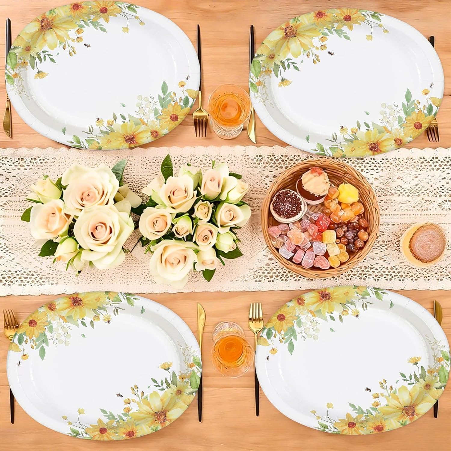 50Pcs Yellow Daisy Oval Paper Plates 10" x 12" Large Disposable Heavy Duty Watercolor Spring Flower Leaves Paper Platters Sunflower Themed Design for Seasonal Spring Wedding Birthday Party Supplies
