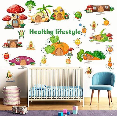 Miniatura 2 de Lindas calcomanías de pared de frutas y verduras de dibujos animados, calcomanías de pared de alimentos de cocina, extraíbles para despegar y pegar,