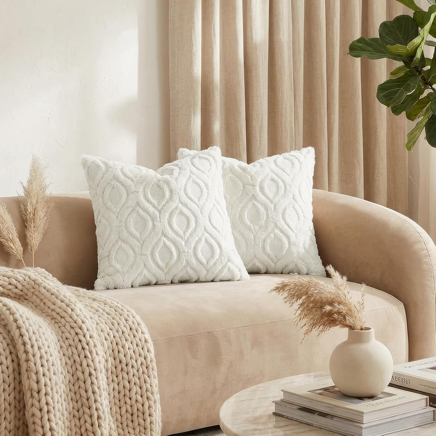 decorUhome Cozy Textured Throw Pillow Covers 20x20 Inch Set of 2, Soft Plush Faux Wool Cream White Accent Couch Pillow Covers for Modern Farmhouse Sofa Bed Living Room - Image 3