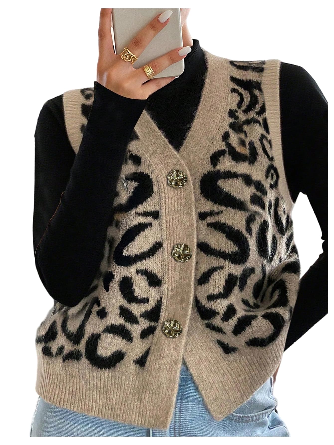 Floerns Womens Cheetah Sleeveless Sweater Vest V Neck Button Down Fall Trendy Knit Tank Tops