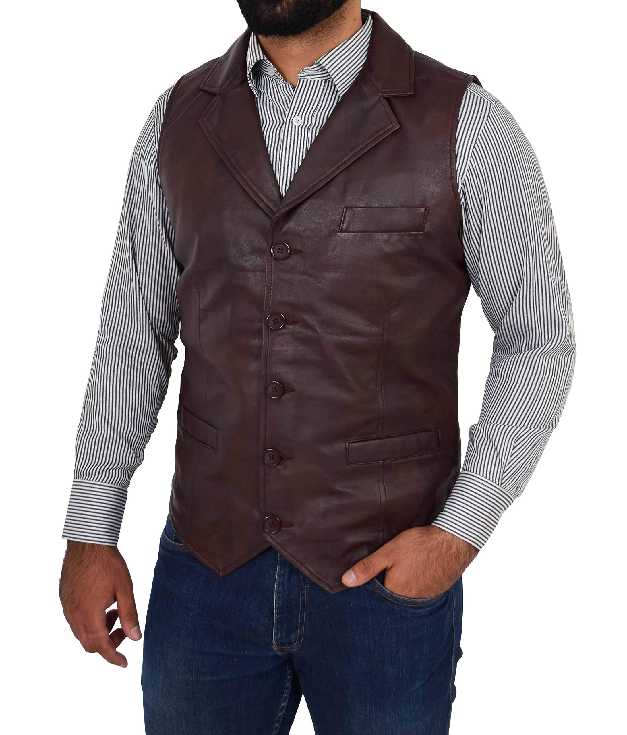 House of Leather Men's Leather Gilet Waistcoat - Brown - 3XL