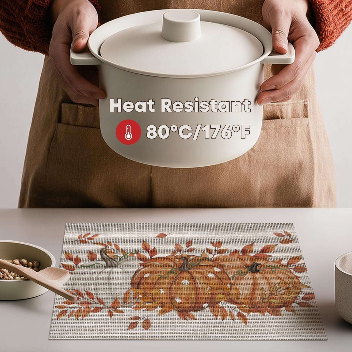Artoid Mode Pumpkins Leaves Fall Vinyl Placemats Set of 4, Wipeable Colorful Printing PVC Place Mats for Party Kitchen Dining Decor, Beige