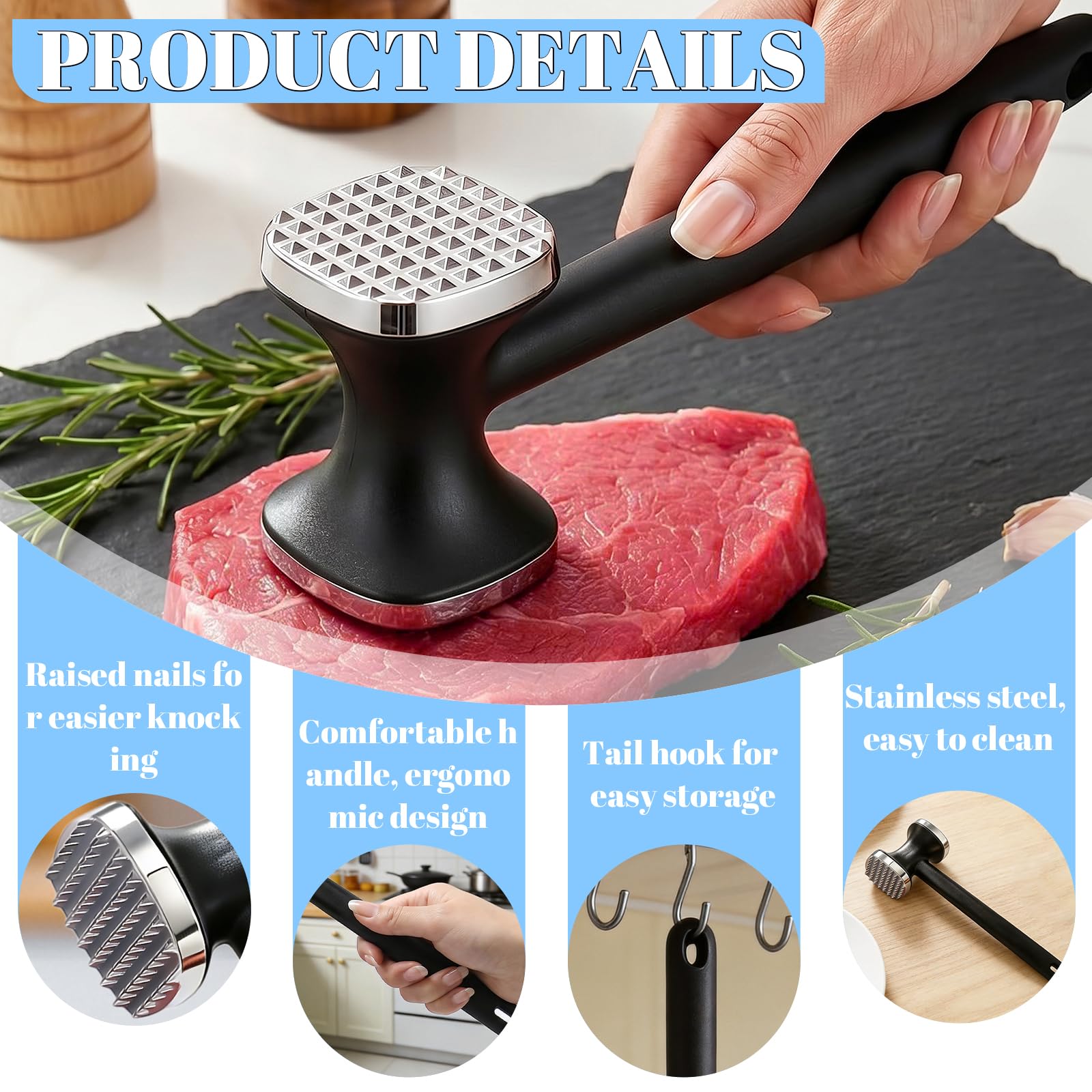 Fleischklopfer aus Edelstahl, Doppelseitiger Schnitzelklopfer Fleischhammer mit Rutschfestem Griff, Spülmaschinenfest, für Schnitzel, Steak, Koteletts, Hähnchen und Schweinefleisch, Silber