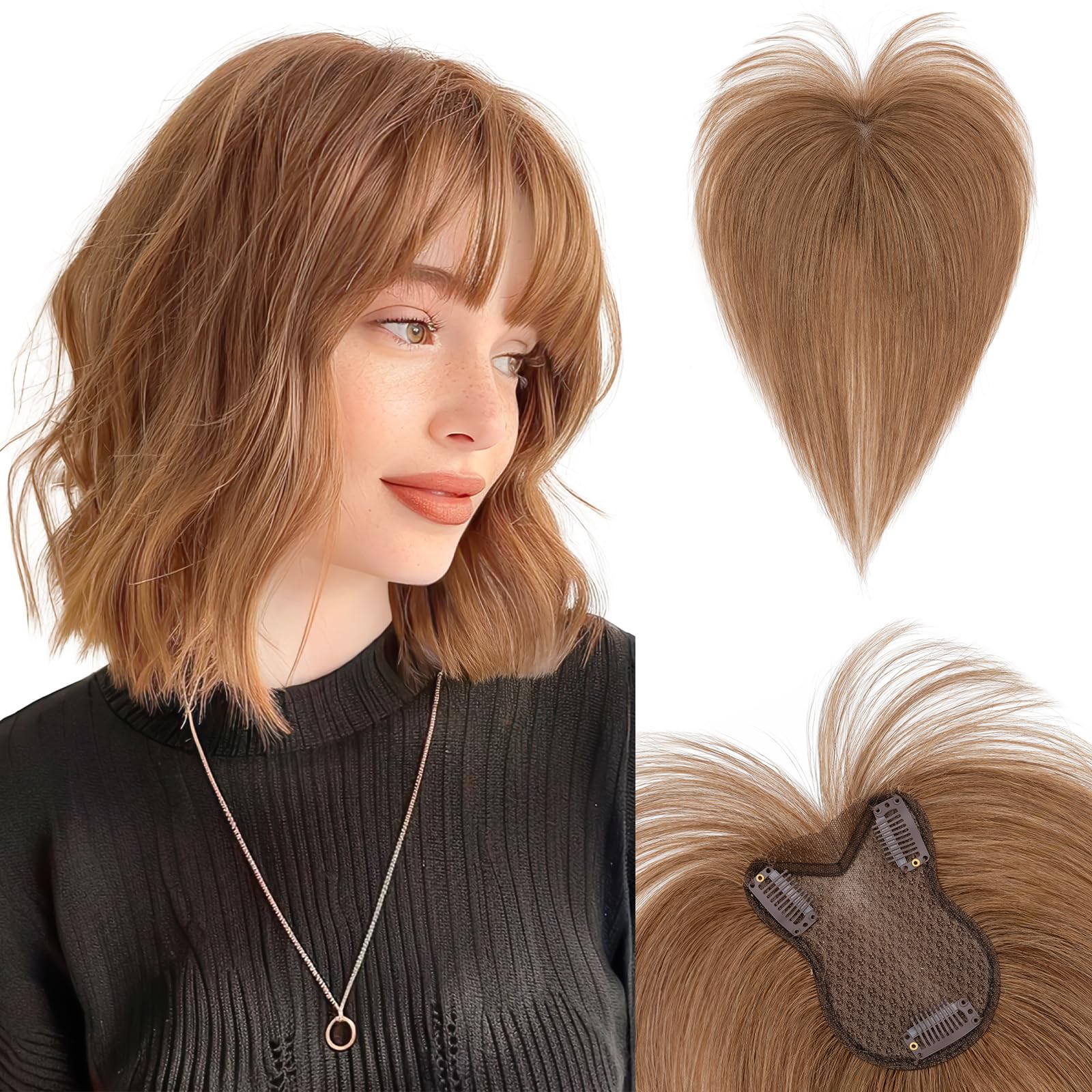 SEGOHAIR Human Hair Topper with Bangs Double-Layer Hand-stitched Thinning Hair Toppers 360°3D Coverage Clip in Bangs Natural for Women Breathable 11inch Chestnut Brown,21g
