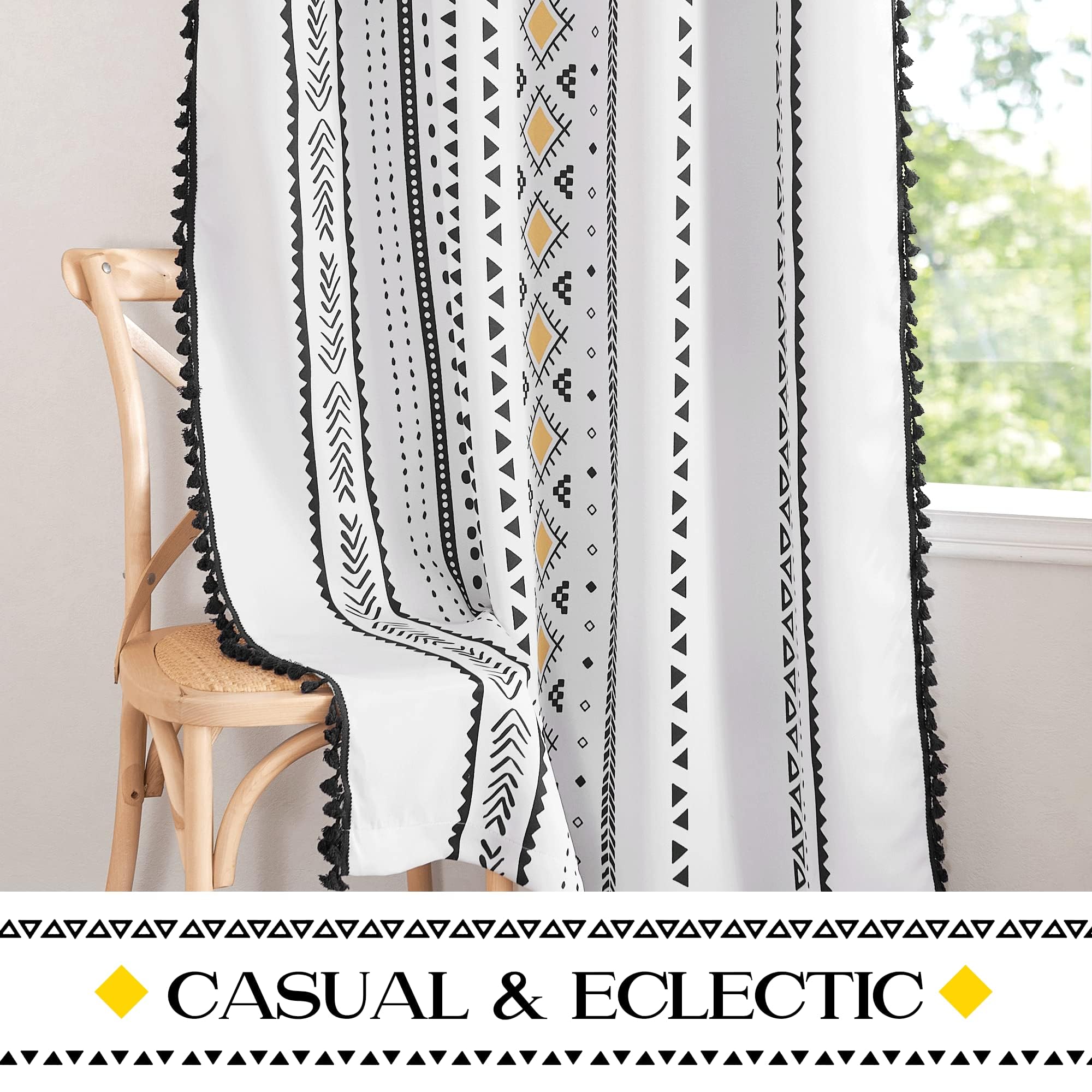 NICETOWN Rideaux occultants en macramé bohème blanc de 213,4 cm de long, 2 panneaux, rideaux à œillets décoratifs jaunes et noirs pour salon, chambre à coucher, 132,1 x 213,4 cm (l x L)