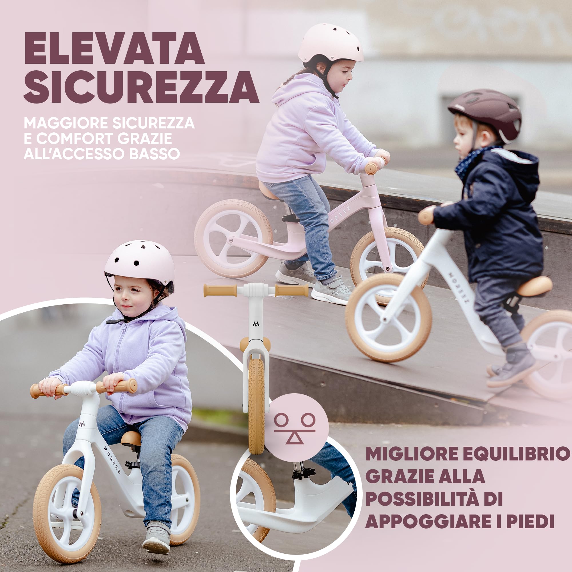 MOREEZ Bicicletta da 2 anni [2-5 anni] ultraleggera per bambini con protezione anticaduta, seduta ergonomica, ruote da 50 kg, poggiapiedi antiscivolo, altezza regolabile