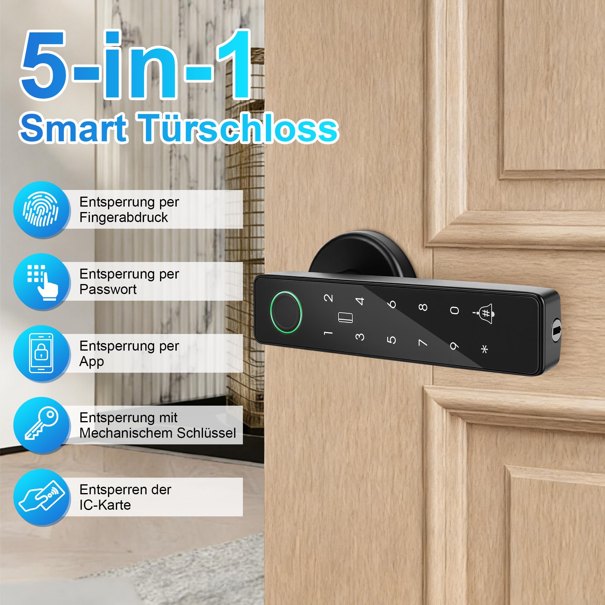 Türschloss Fingerabdruck, Smart Lock Intelligentes Türschloss mit Zahlencode, Elektronisches Schlüsselloses Zugangssystem aus Aluminiumlegierung mit Fingerabdruck Passwortkarte(BLACK)