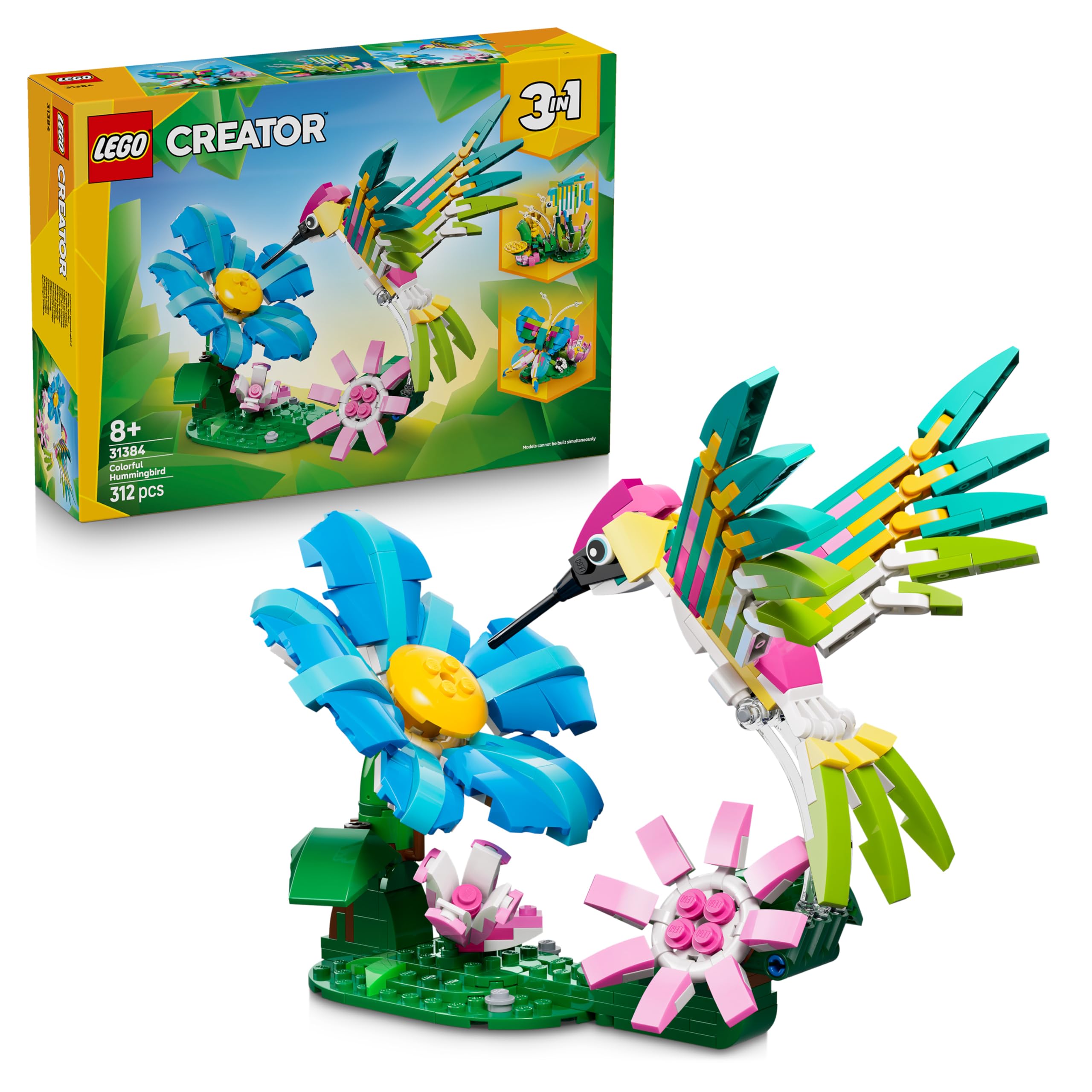 LEGO Creator 3en1 Fauna Salvaje: Colibrí de Colores - Pájaro de Juguete Transformable en Mariposa o Figura de Pez - Decoración del Dormitorio - Regalo para Niñas y Niños de 8+ Años - 31384