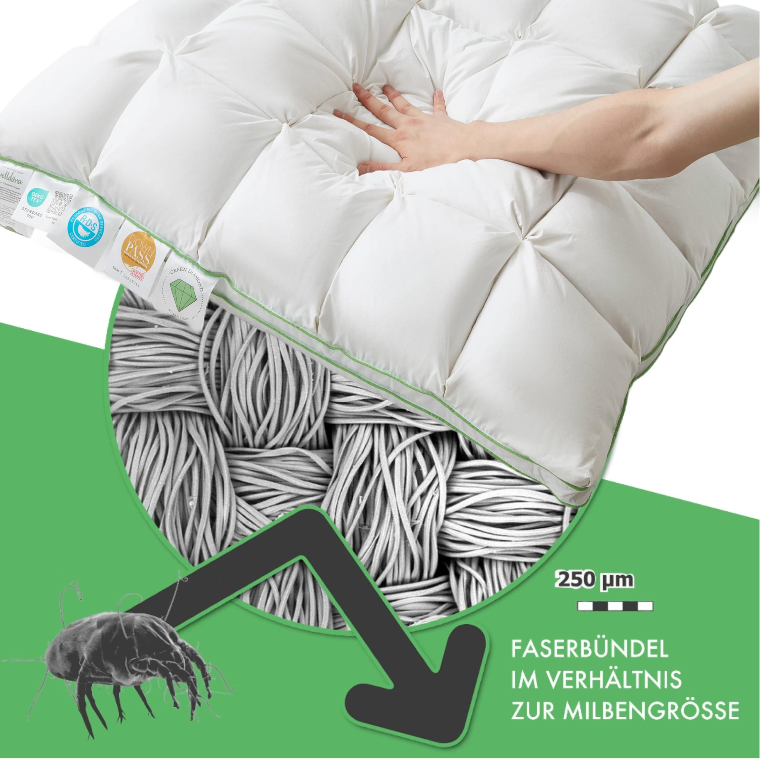 Welldora Premium Kopfkissen 40x80 | 100% Daunenfasern & Federn | Innovatives Puffwolken-Design für höchsten Komfort & Ergonomie | Mittelfestes Kissen fachärztl. geprüft, Oeko-Tex zert. in der Schweiz