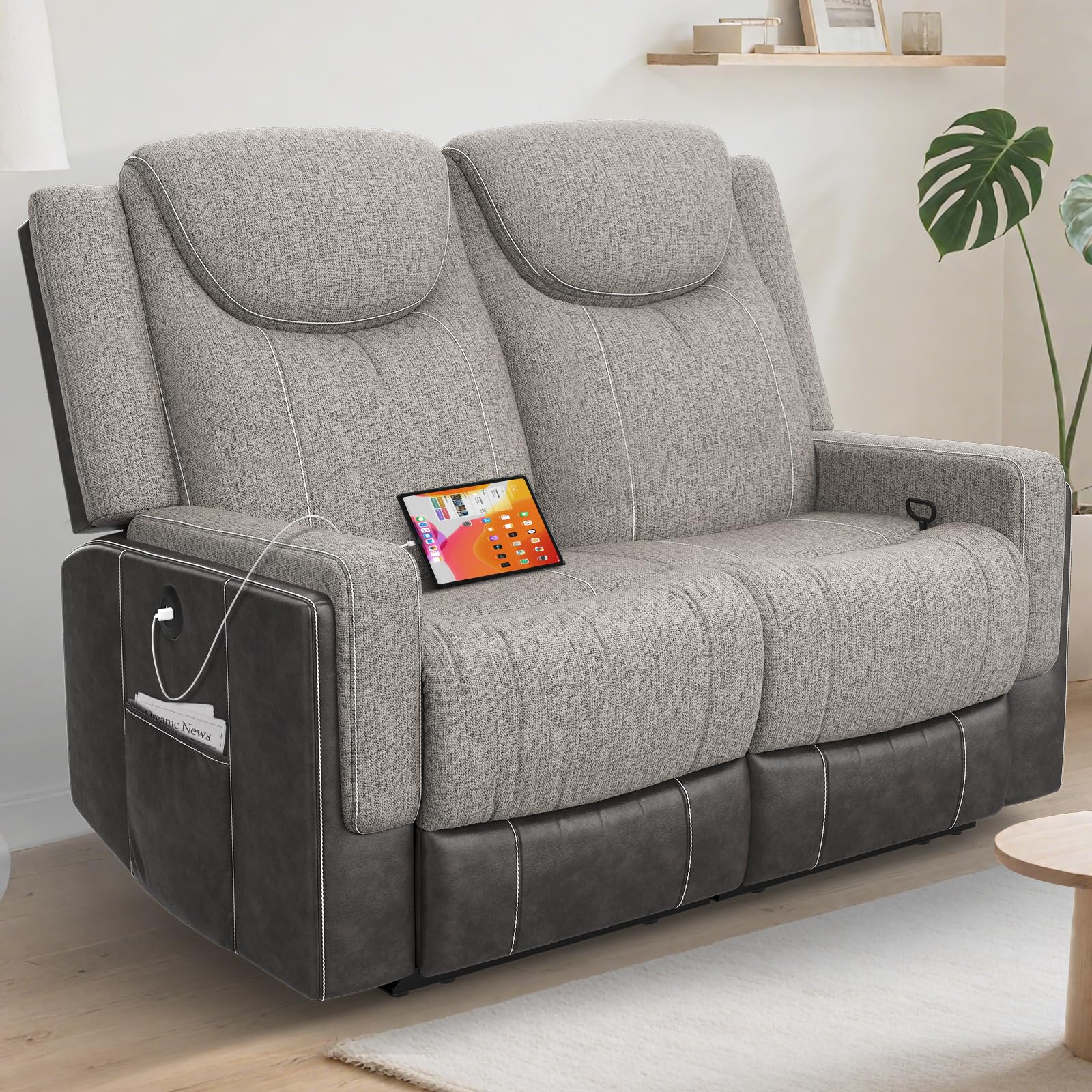 Dresegmt Manual Loveseat Recliner Sofa, Grey Fabric & Chocolate Leather 2-Seater Couch with USB Ports, Split Back, Wall Hugger RV Furniture, Modern