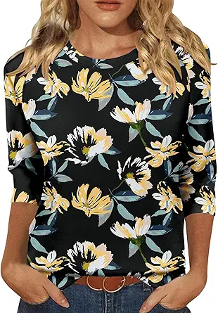 KISSMODA Tunic Tops for Women Loose Fit Dressy Round Neck Pleated 3/4 Length Sleeve Spring Tops