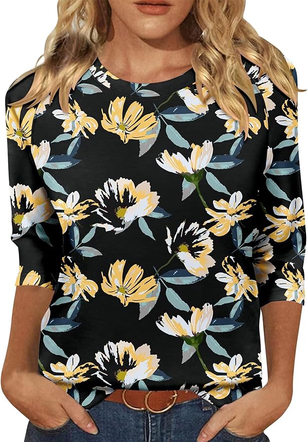 KISSMODA Tunic Tops for Women Loose Fit Dressy Round Neck Pleated 3/4 Length Sleeve Spring Tops