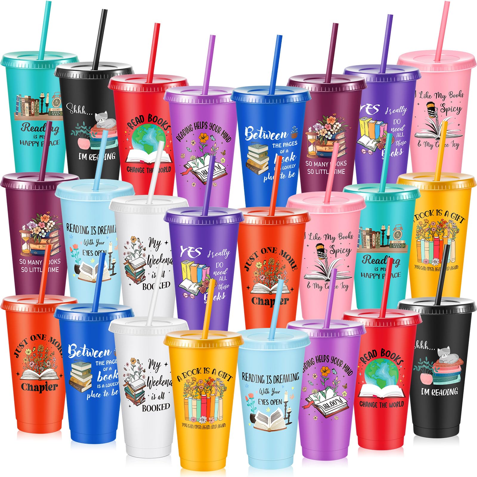 Chuangdi Lot de 24 gobelets réutilisables en plastique de 710 ml avec couvercles et paille, cadeaux pour amateurs de livres, pour homme et femme, lecteur, bibliothécaire, bureau, collègues de travail