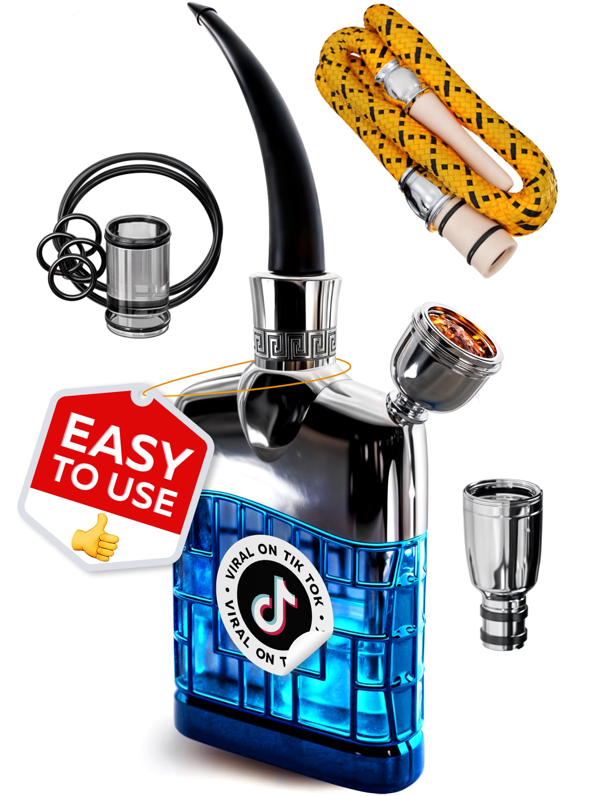 Blue Portable Hookah Set For Car - Blue & Silver Mini Hooka - Small Hookah Set For Travel - Personal Hookah To Go