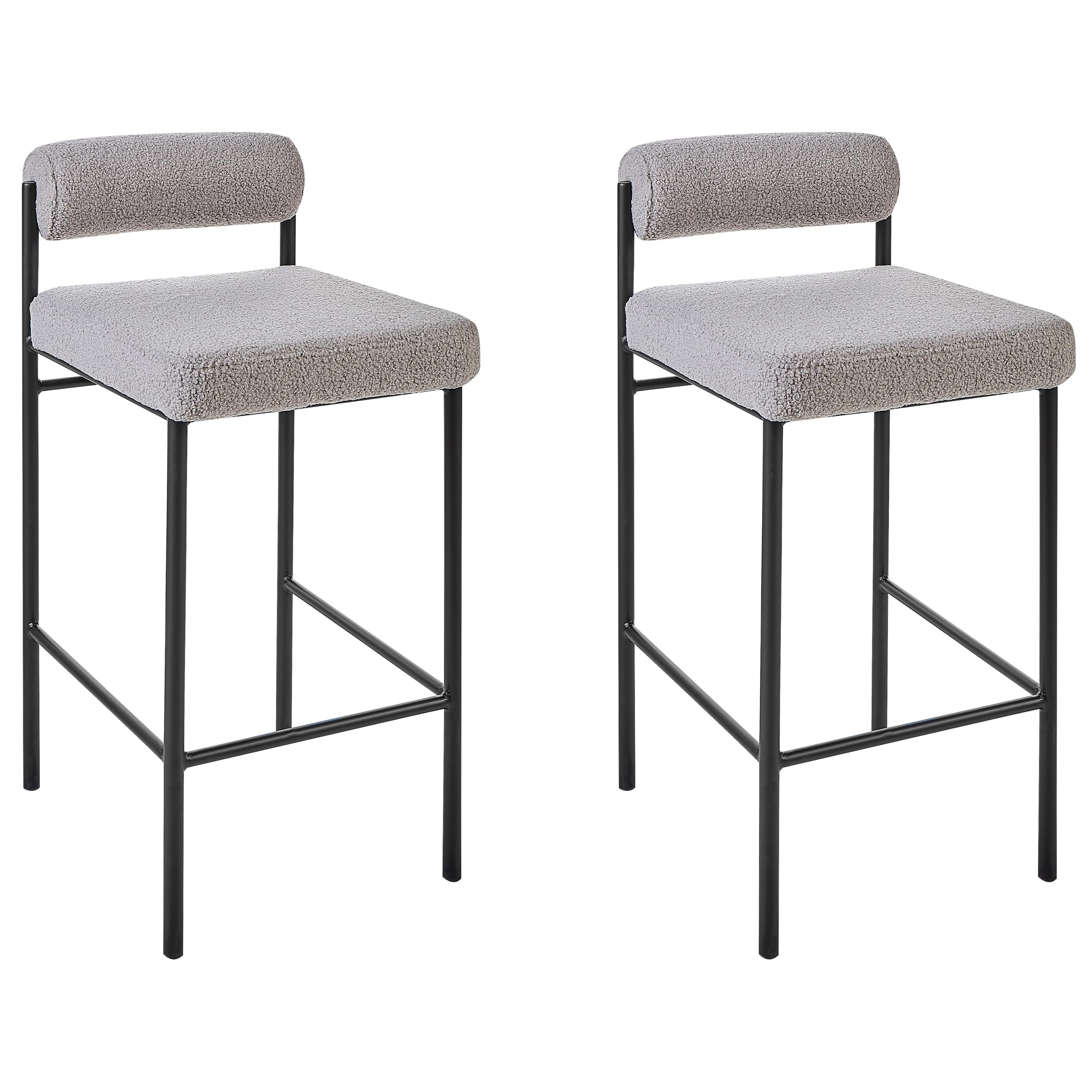 Beliani Barstuhl 2er Set Bouclé grau niedrige Lehne Metallgestell Fußstütze Retro Amaya