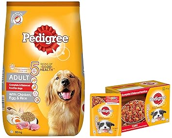 Pedigree Adult Dry Dog Food (High Protein Variant) Chicken, Egg & Rice, 20kg Pack & Pedigree Puppy Wet Dog Food, Chicken and Liver Chunks Flavour in Gravy with Vegetables, 15 Pouches (15x70g)