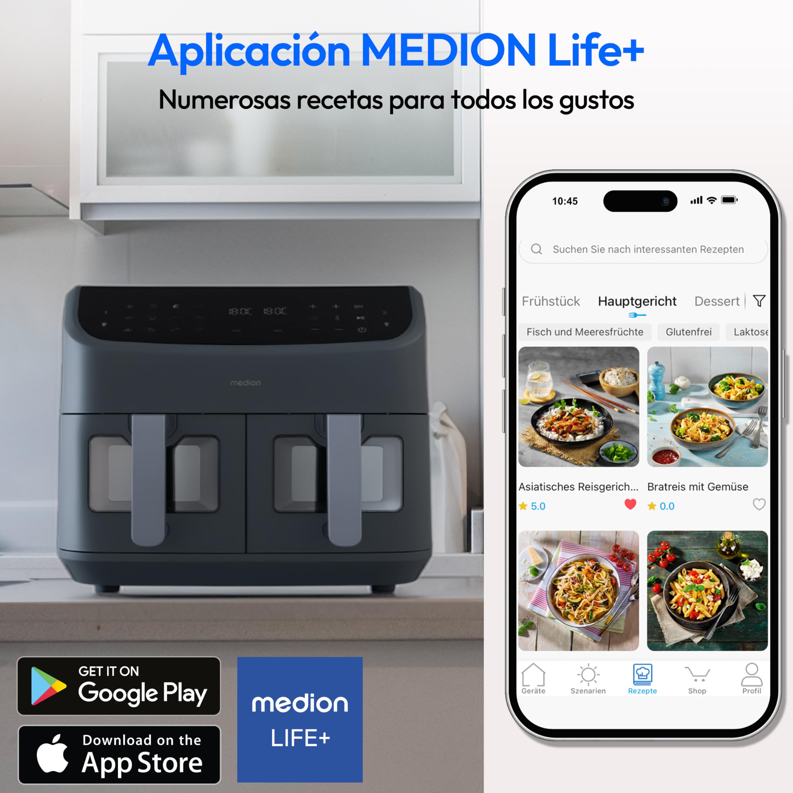 MEDION P20 XXL Freidora de Aire Doble Cesta MD11760 Gris Mate | 8,7 L, 2600 W, 10 Programas, 2 Cajones, Ventana, Air Fryer Dual XXL