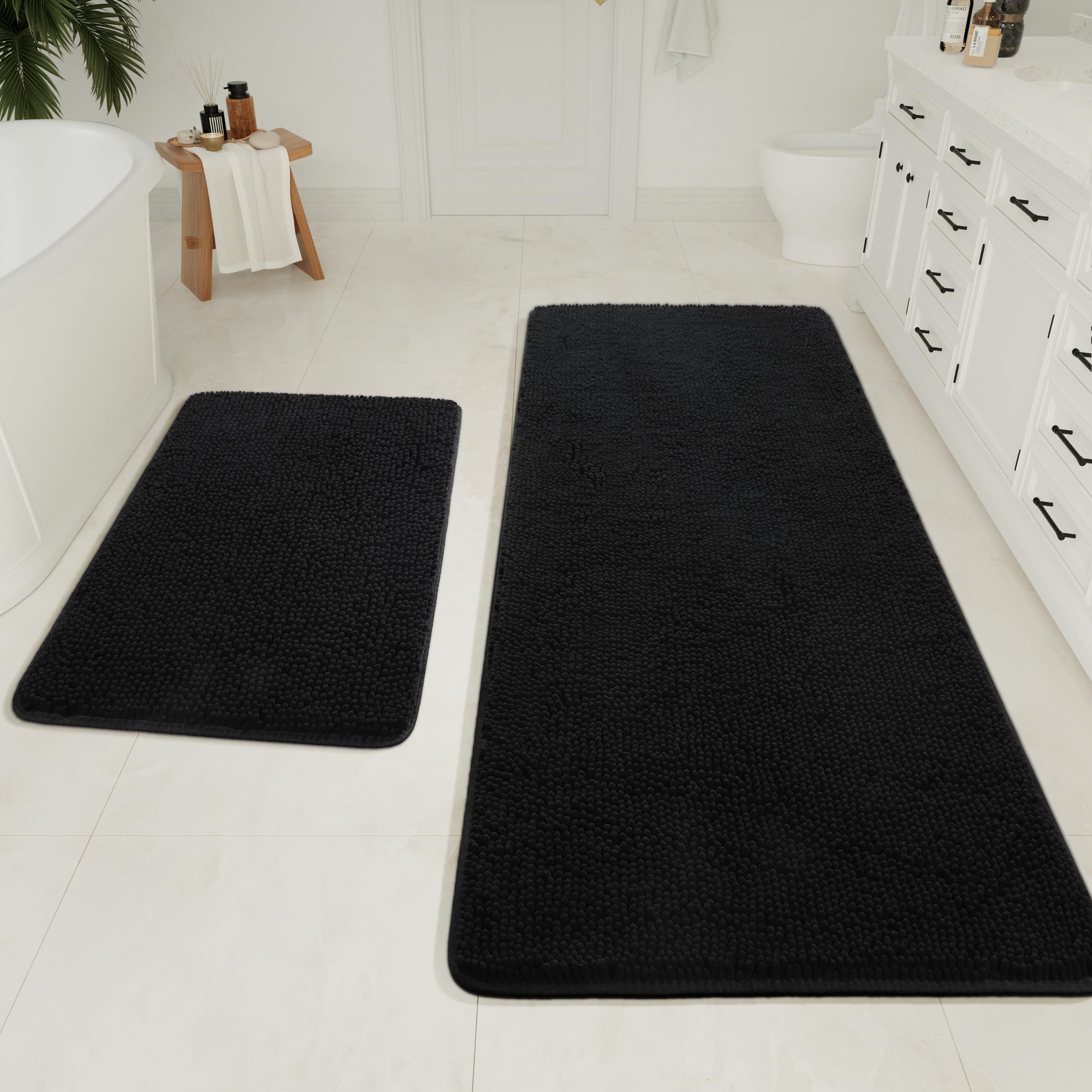 LOCHAS Juego de 2 alfombras de baño antideslizantes, absorbentes y suaves, lavables a máquina y de secado rápido, 20 x 32 pulgadas más 24 x 60 pulgadas de grosor, color negro