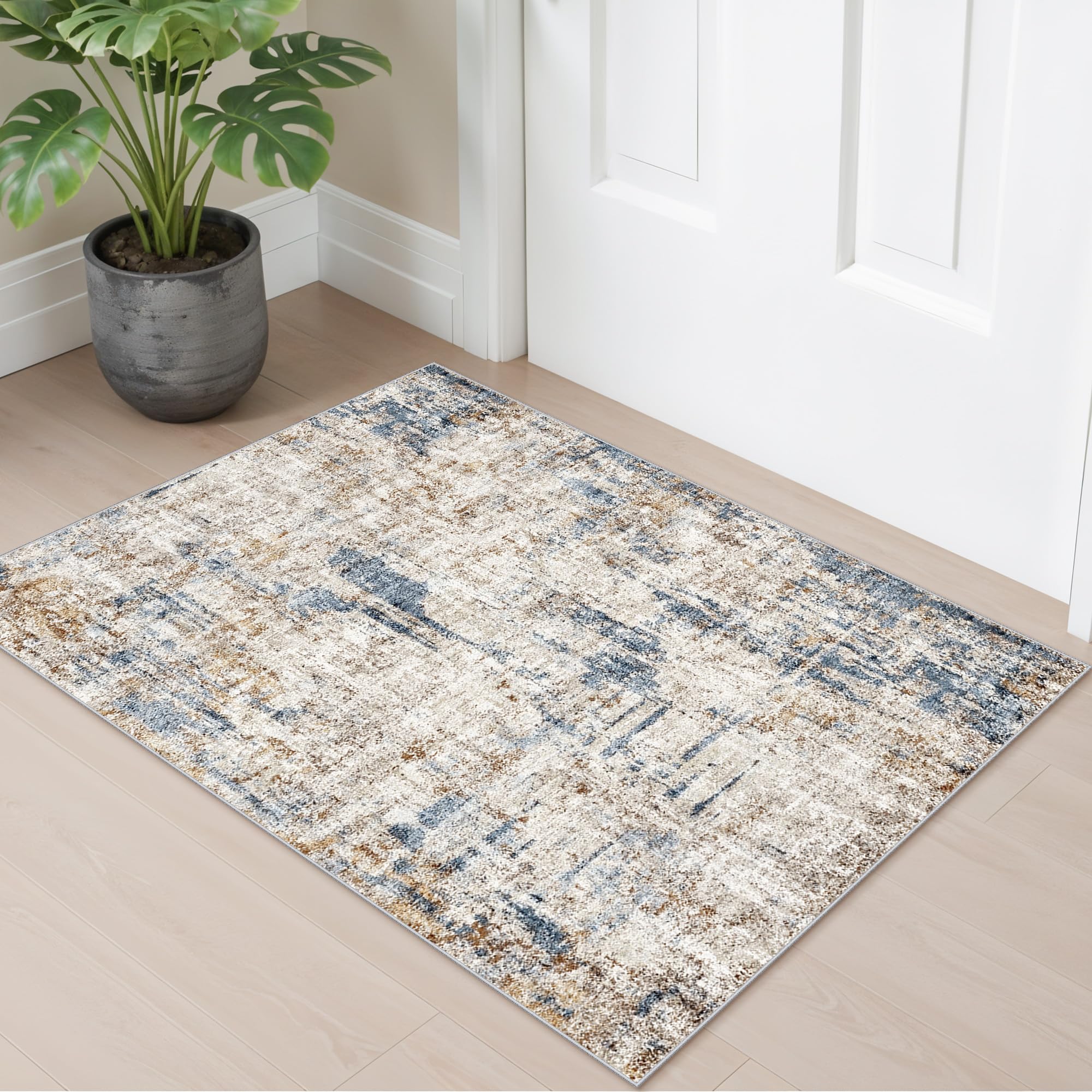 2x3 Washable Non-Slip Area Rug - Soft Low Pile Throw Rug for Kitchen Entryway Bedroom - Modern Indoor Door Mat with Rubber Backing （Blue Brown） — image 1