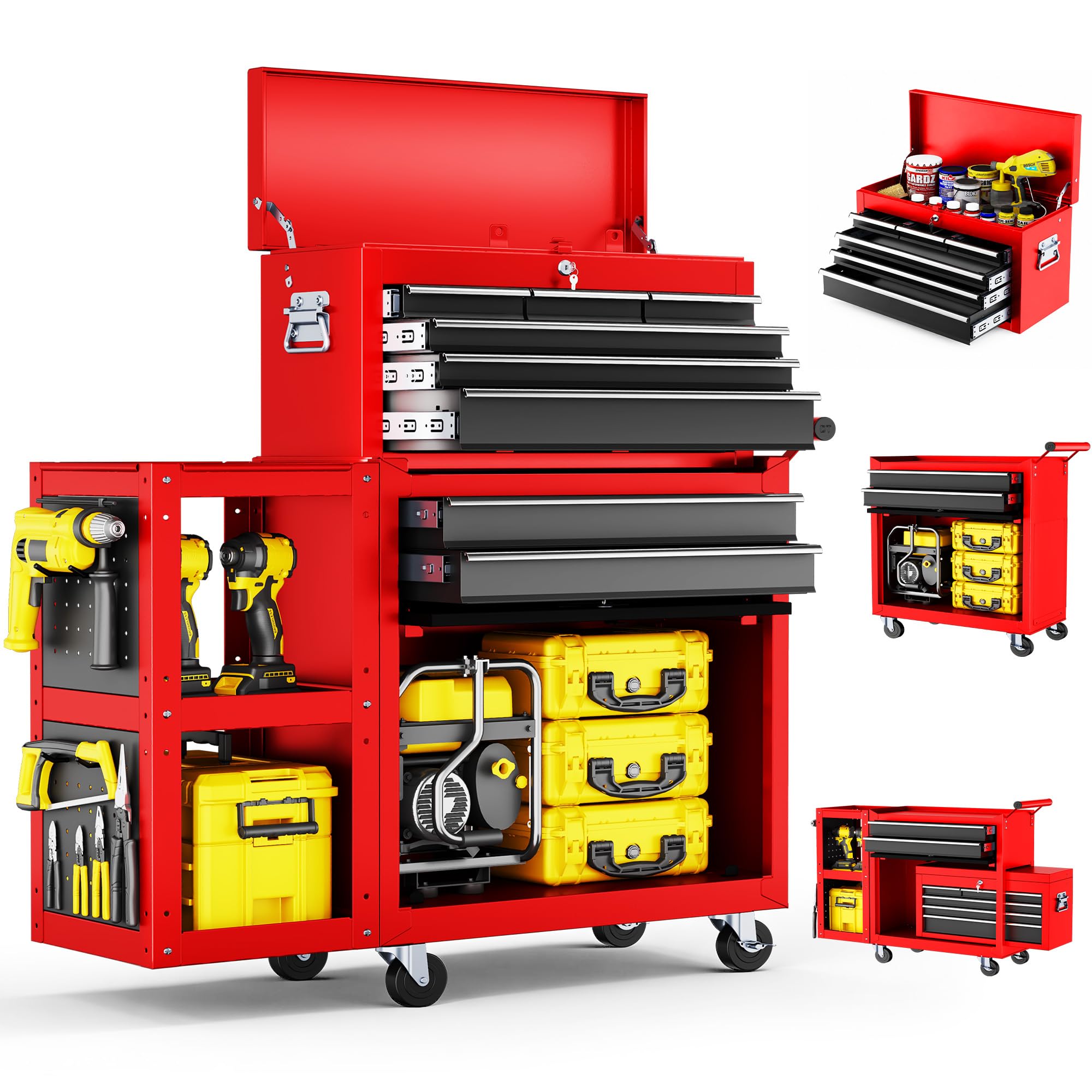 8-Drawers Rolling Tool Chest, Assembled Tool Cabinet, Detachable Top Toolbox, 30% Extra Storage Tool Cabinet Universal Lockable Wheels, Tool Rack, Metal Tool Storage Cart for Garage Workshop, Red
