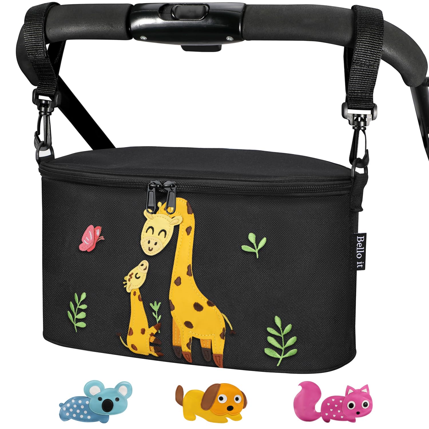 Bello it Borsa per Passeggino,Organizer per Passeggino o Carrozzina, Borsa da Passeggino Piccola Dei Animati Cartoni Design, Leggera e Capiente (Giraffa (Nero))