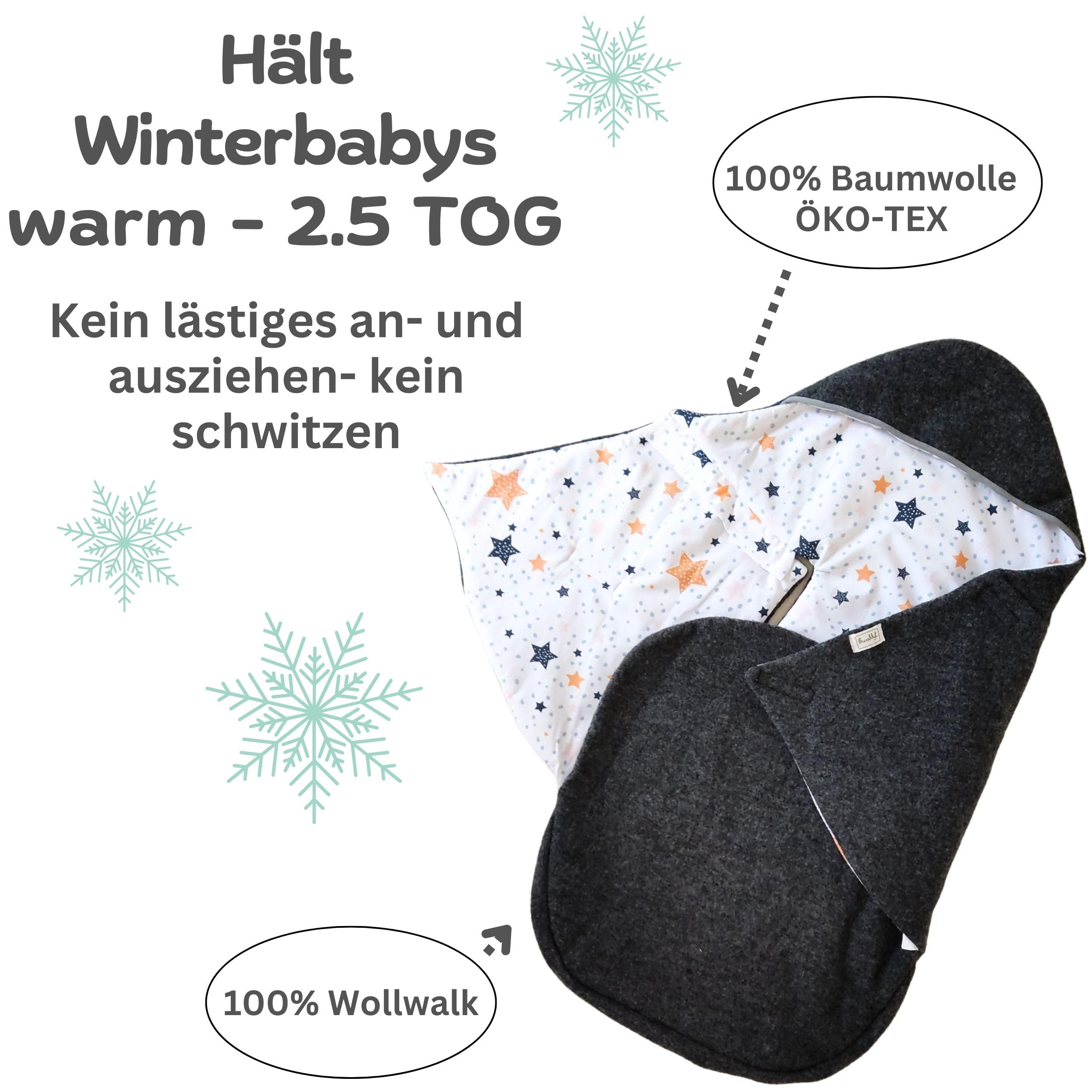 WOLLWALK Einschlagdecke Babyschale - Baby Fußsack - Maxi-Cosi Decke - Einschlagdecken für Kinderwagen - Neugeborene bis 11 Monaten aus 100% Wolle (Sterne)