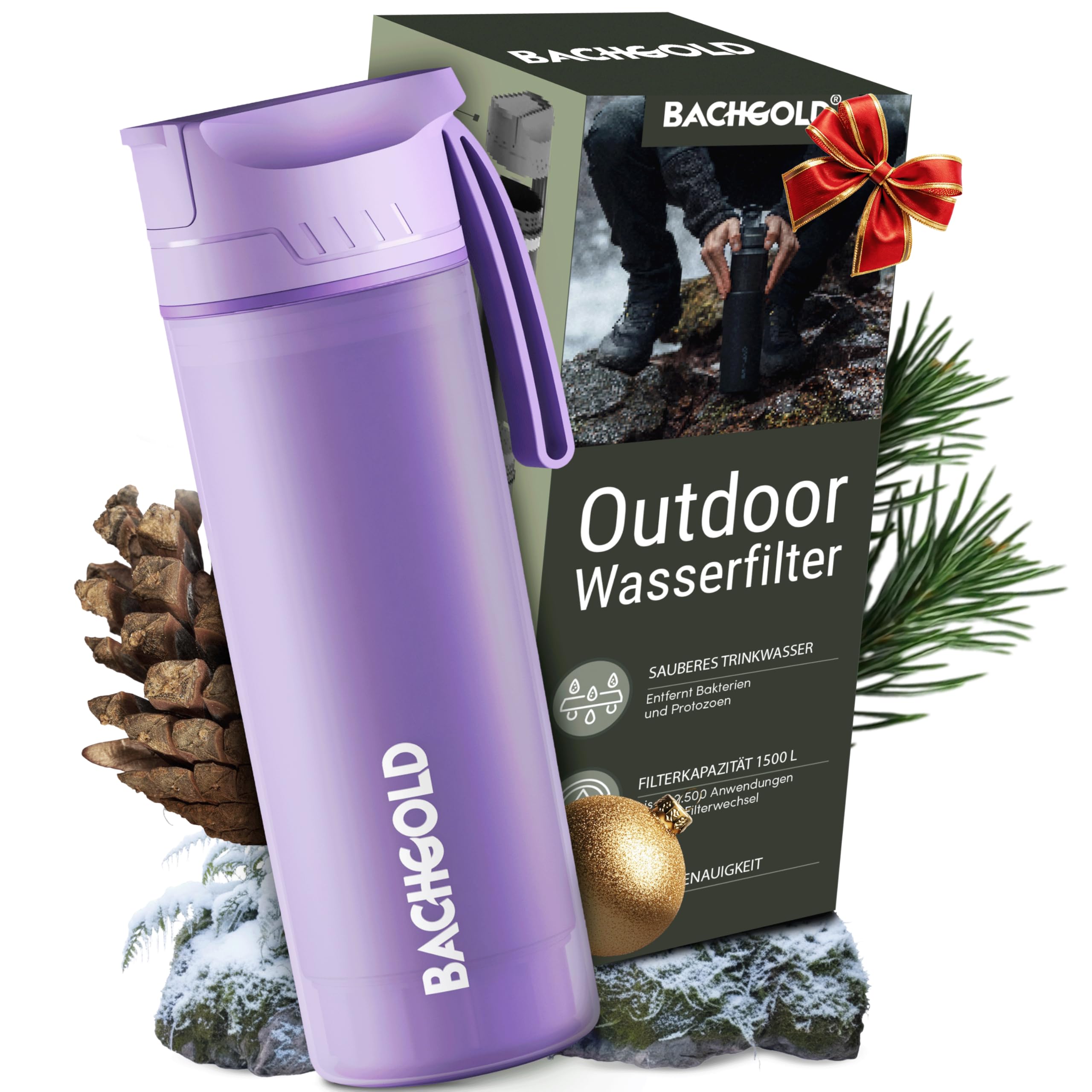 Bachgold® Borraccia filtrante professionale outdoor [500ml] con capacità di filtraggio di 1500L I Rimuove il 99,99% dei batteri e filtra microplastiche, particelle e cloro I Per blackout e crisi