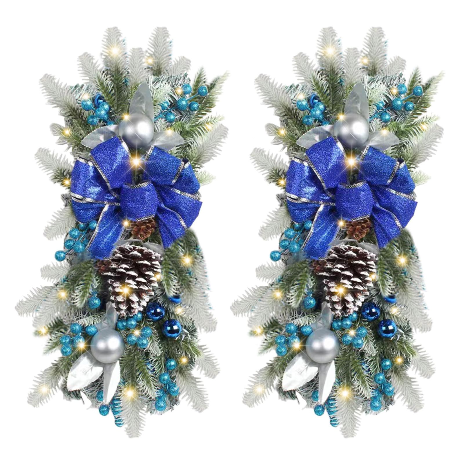 Türkranz Frühling 2PCS Weihnachtskranz Schleife mit Lichtern Outdoor Weihnachtskranz für Haustür für Urlaub Weihnachtsfeier Dekorationen (Blue, One Size)