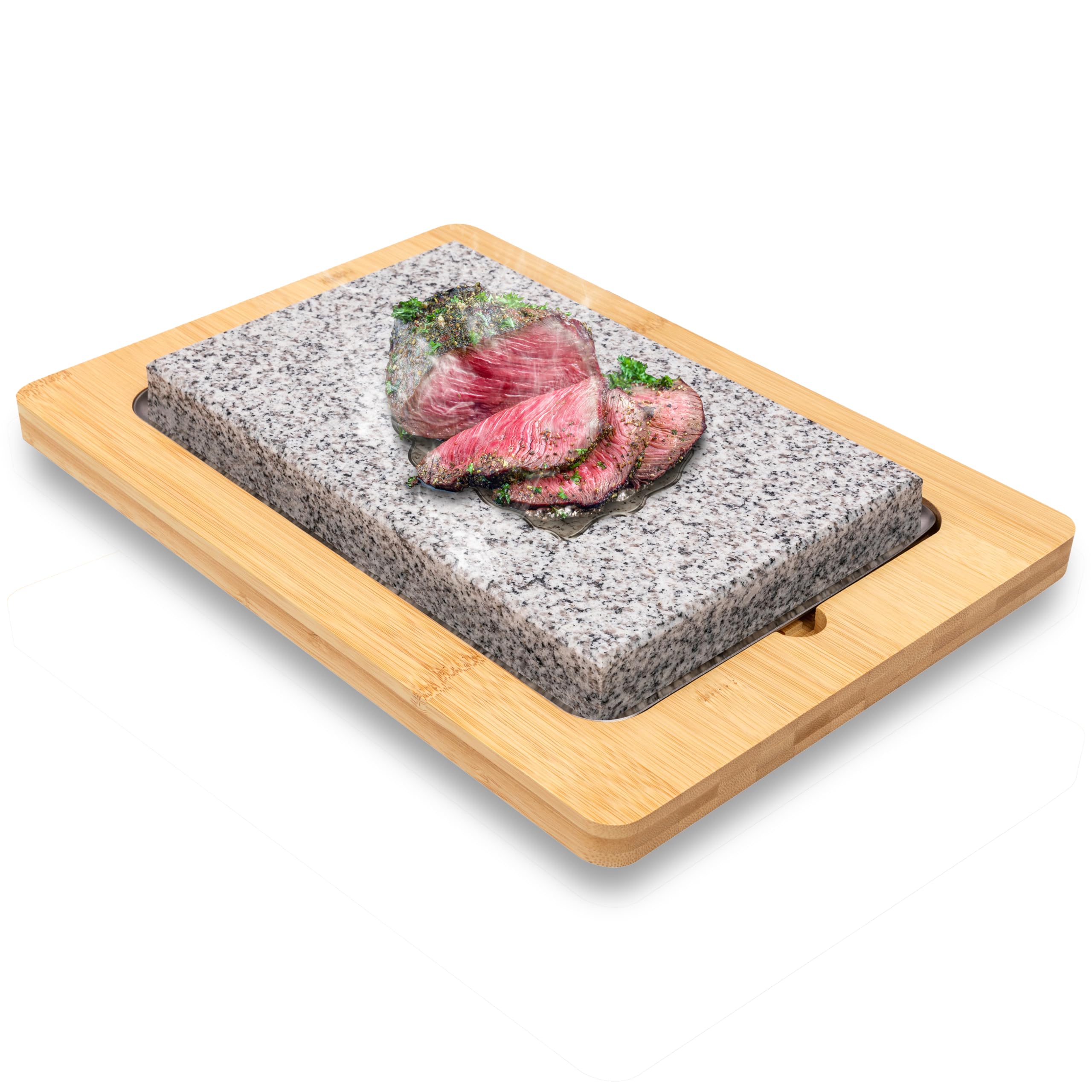 NutriChef Sizzle Hot Cooking Stone Grill with Bamboo Platter, Tabletop Granite Stone Grill with Non-Slip Handles, Adjustable Temperature Control, 550°F Max Heat - Perfect for Meats and Vegetables