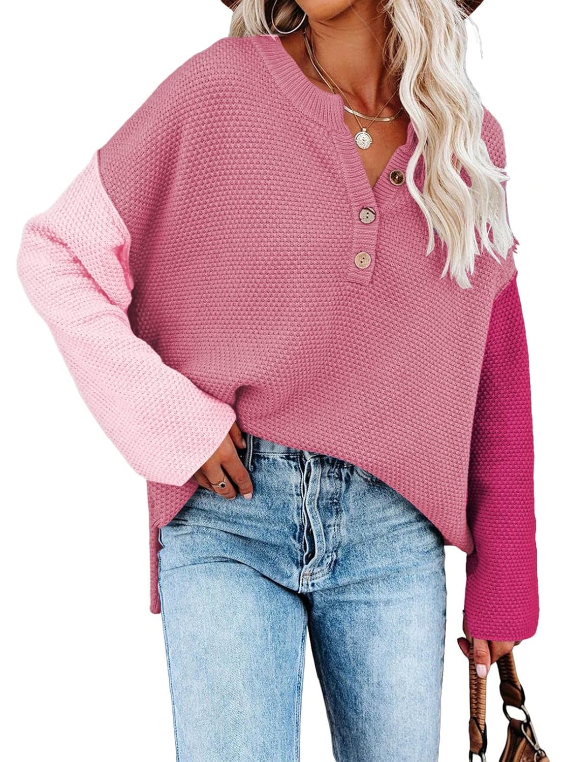Pink Queen Womens V Neck Button Sweater Oversized Batwing Long Sleeve Henley Pullover Knit Jumper Top