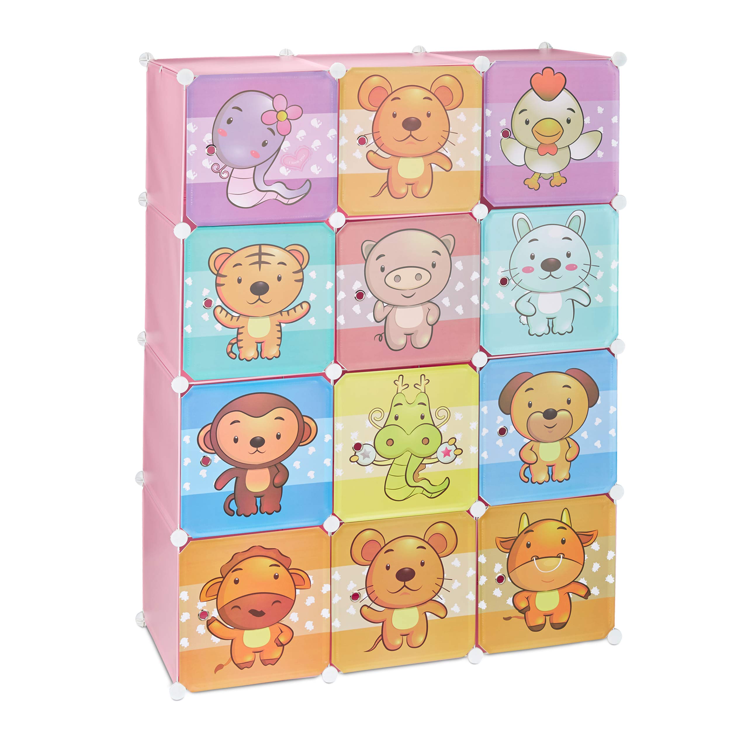 Relaxdays Scaffale Componibile per la Cameretta dei Bambini, Immagini Graziose di Animali, Ante e Bastone Appendiabiti, Rosa