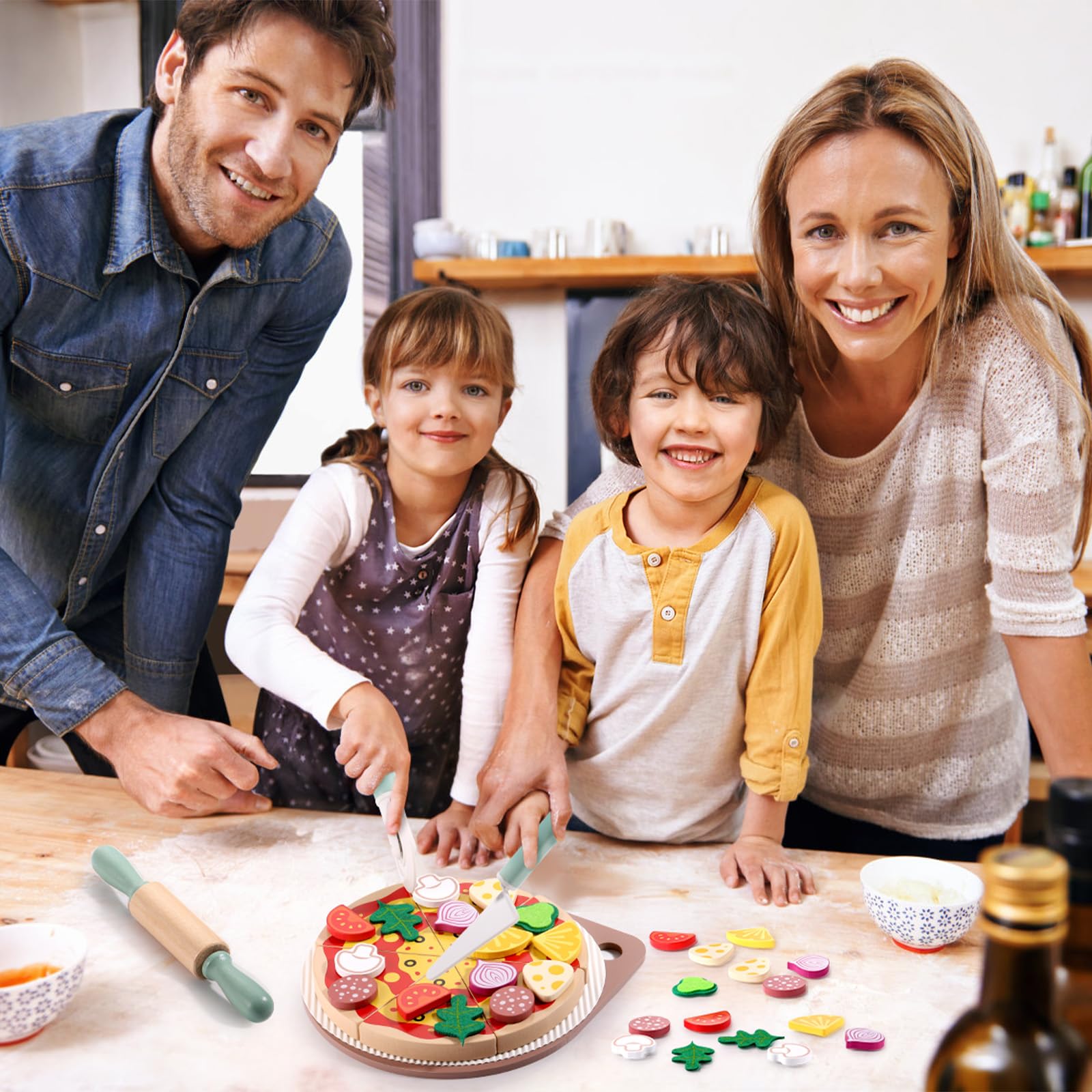GAGAKU Set per pizza in legno - 27 pezzi Accessori da cucina per bambini 3-8 Giocattolo da cucina per pizza in legno Gioco di ruolo educativo