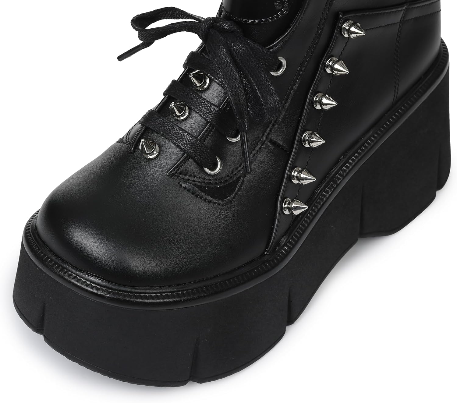 Women Black Platform Boots Wedge Goth Round Toe Lace Up Chunky Heel Studded Combat Zip Buckle Ankle Shoes - Image 8