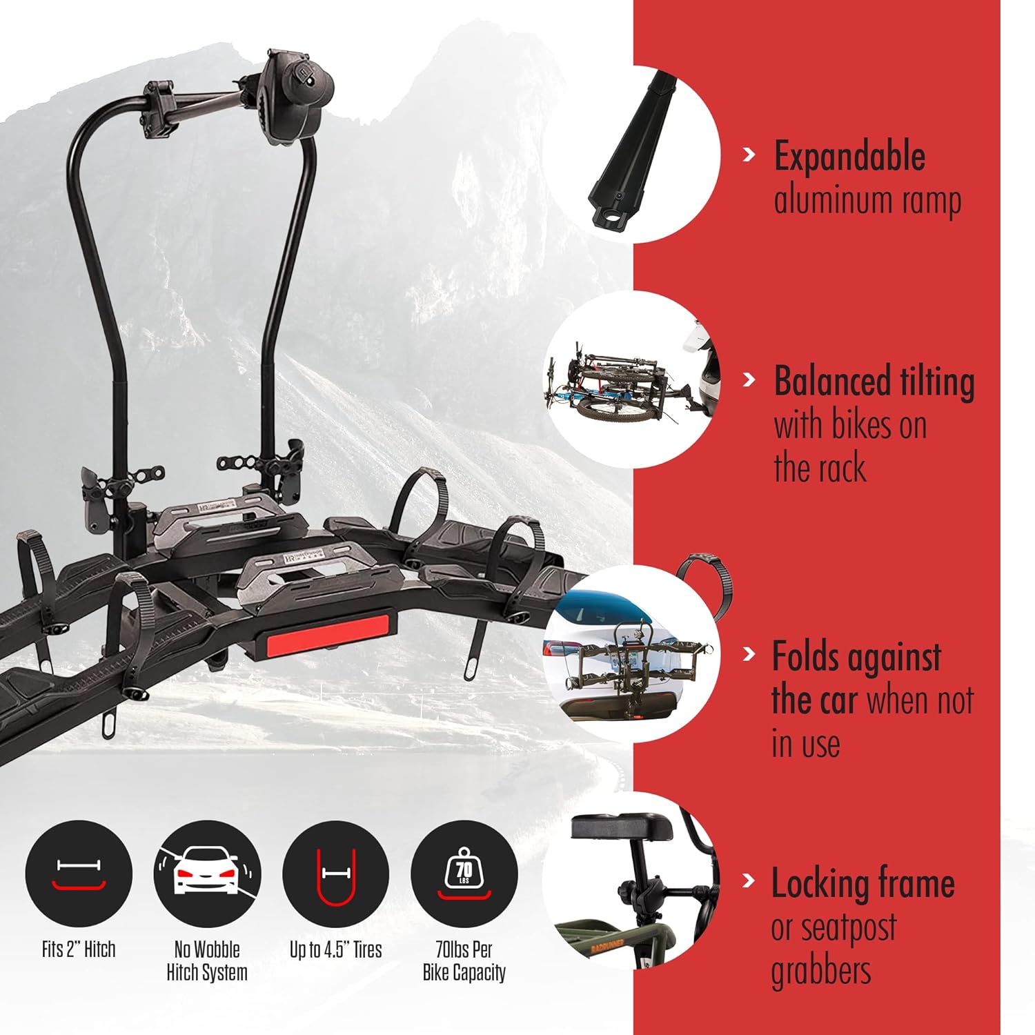 Hollywood Racks Destination E Hitch Bike Rack with Ramp for 2 Bikes up to 70 lbs Each - Secure, Lockable Electric Bike Rack - Premium, Foldable Bicycle Car Racks for Standard or E-Bikes Hollywood Racks Destination E Hitch Bike Rack with Ramp for 2 Bikes up to 70 lbs Each - Secure, Lockable Electric Bike Rack - Premium, Foldable Bicycle Car Racks for Standard or E-Bikes