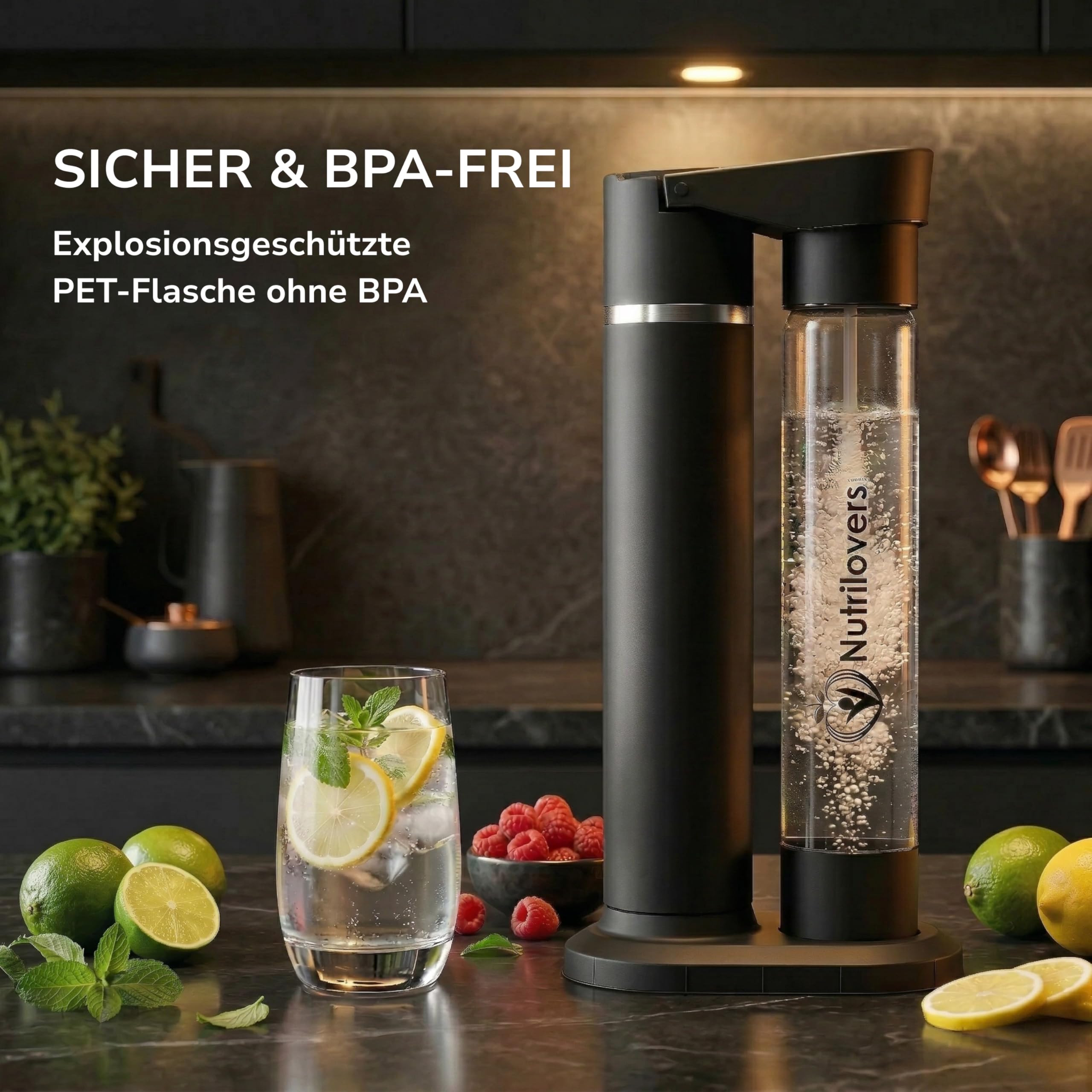 Nutrilovers® NUTRI-STREAM Wassersprudler Edelstahl mit schwarzem Finish, Designer PET-Flasche (38 CM hoch), 100% BPA-frei, Soda Maker 100% kompatibel mit allen 60L CO2-Zylindern, patentiertes System